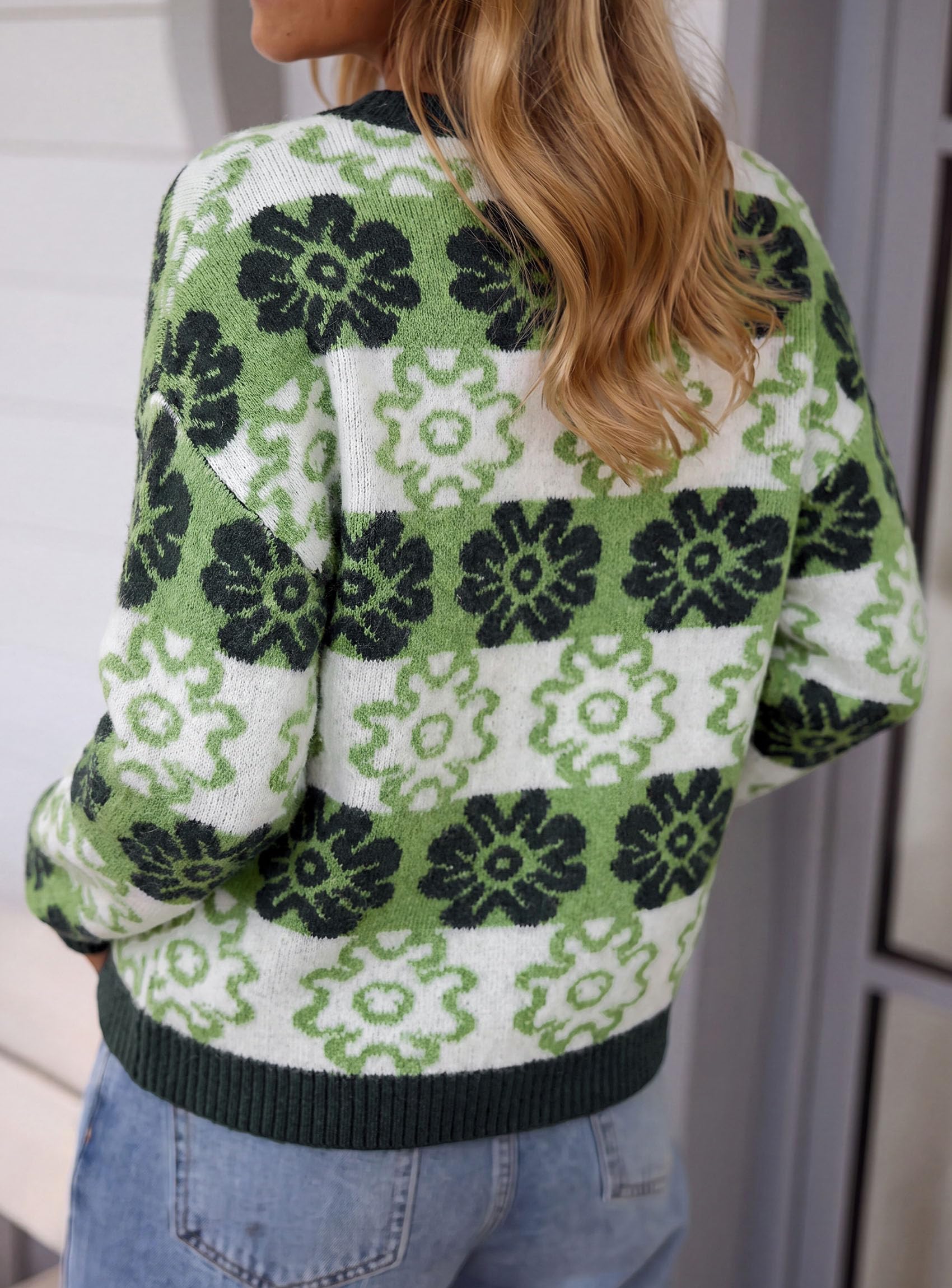 Women's Floral Crewneck Sweater Knit Pullover,Green,S