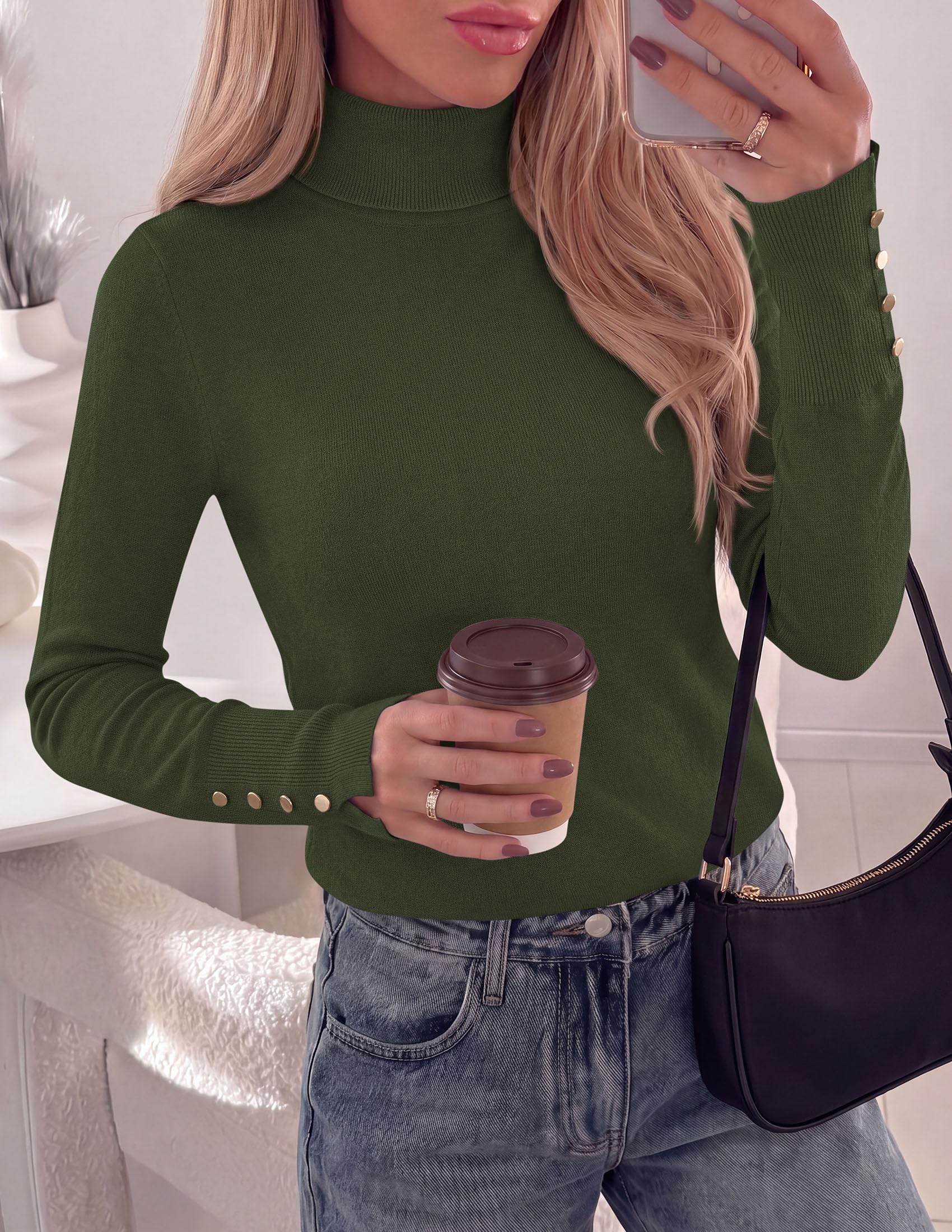Women Turtleneck Sweaters Fall Long Sleeve Tops,Army Green,S