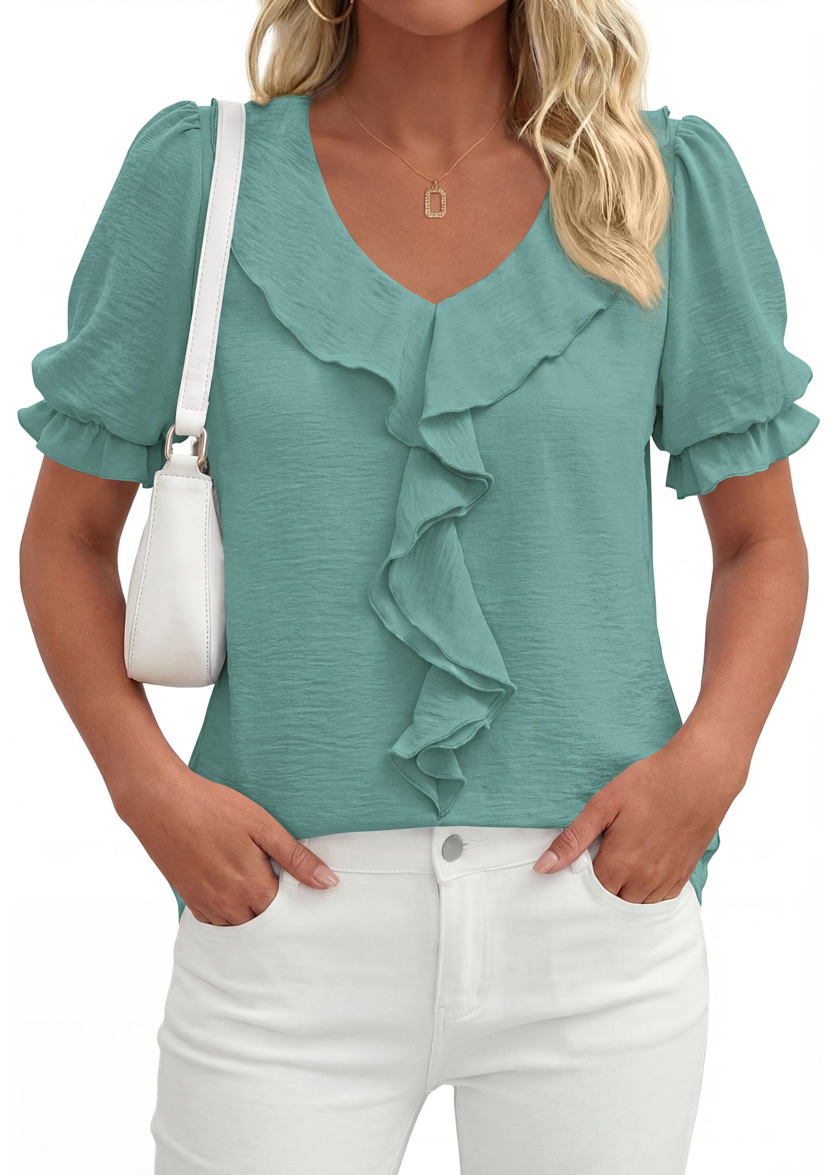 Women's Summer Ruffle Dressy Casual Blouses (Blue Green,S)