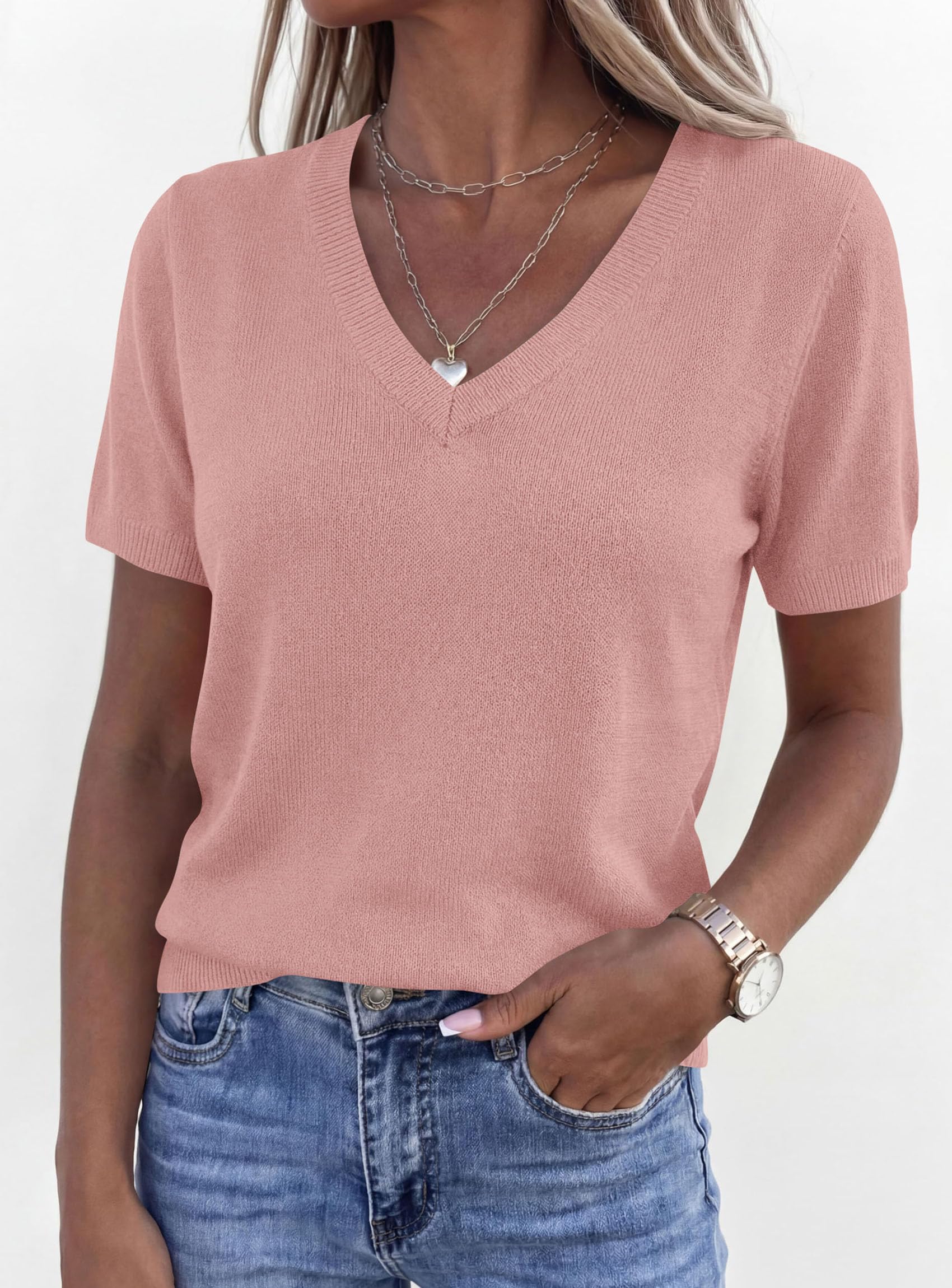 Womens Short Sleeve Sweater V Neck Tops,Dusty Pink,S