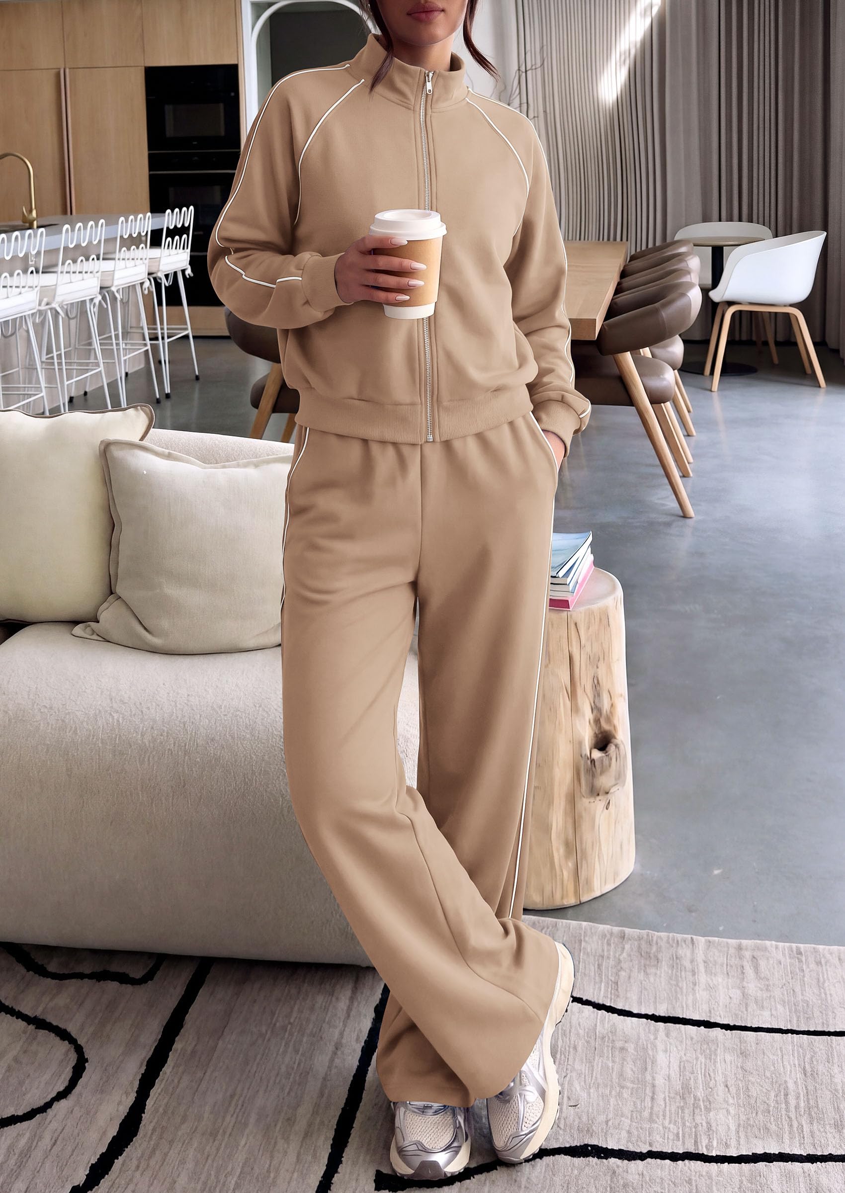 Women's 2 Piece Sweat Set Casual Fall Outfits,Khaki,S