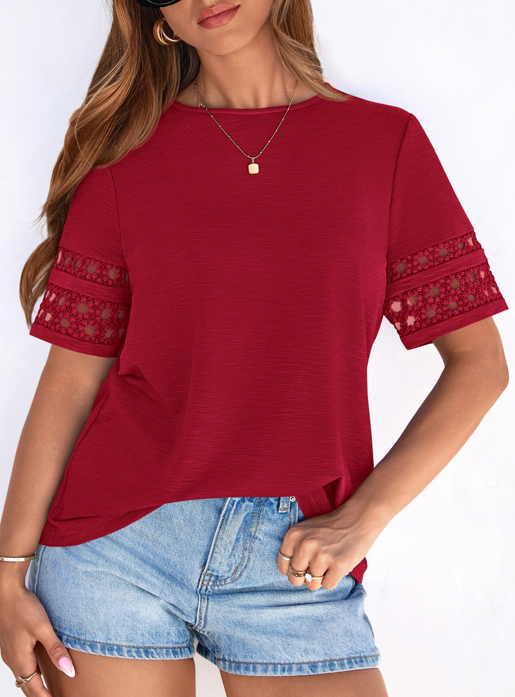Women's Summer Short Sleeve Lace Trim T-Shirts,Red,S