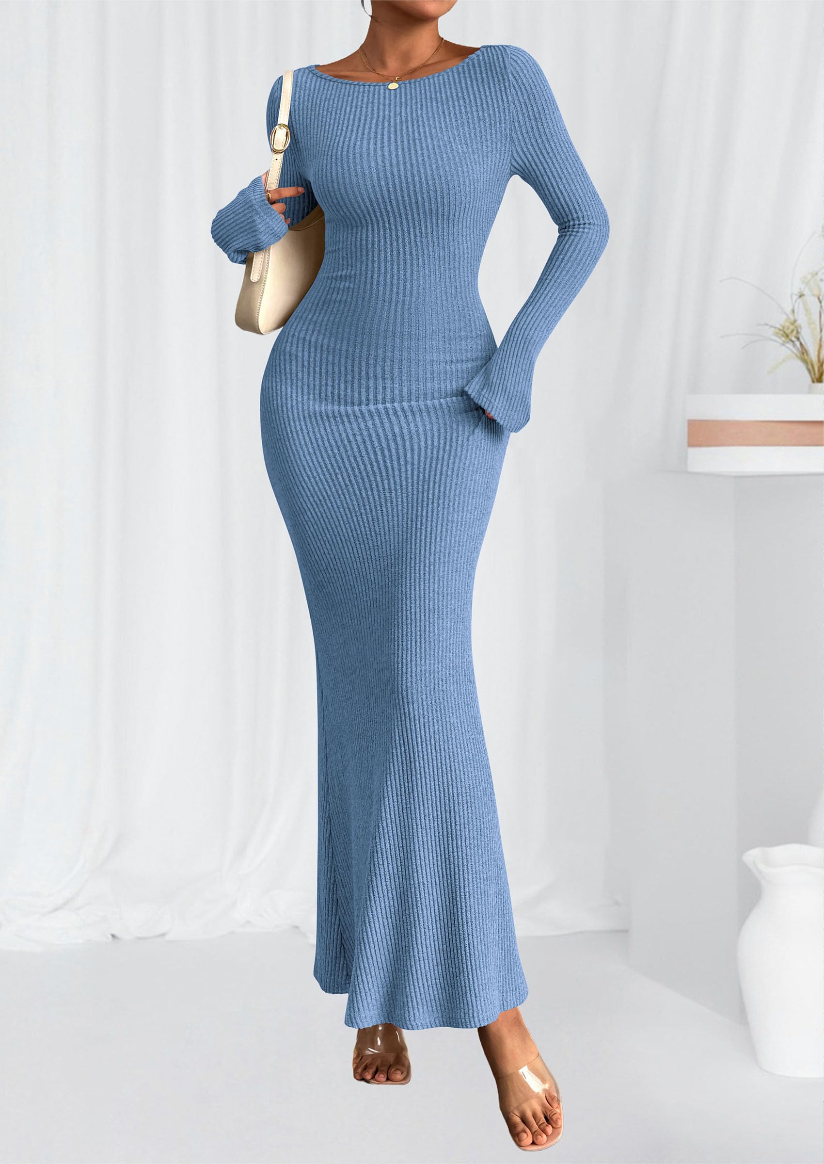 Women's Fall Long Sleeve Bodycon Maxi Dresses (Lake Blue,XS)