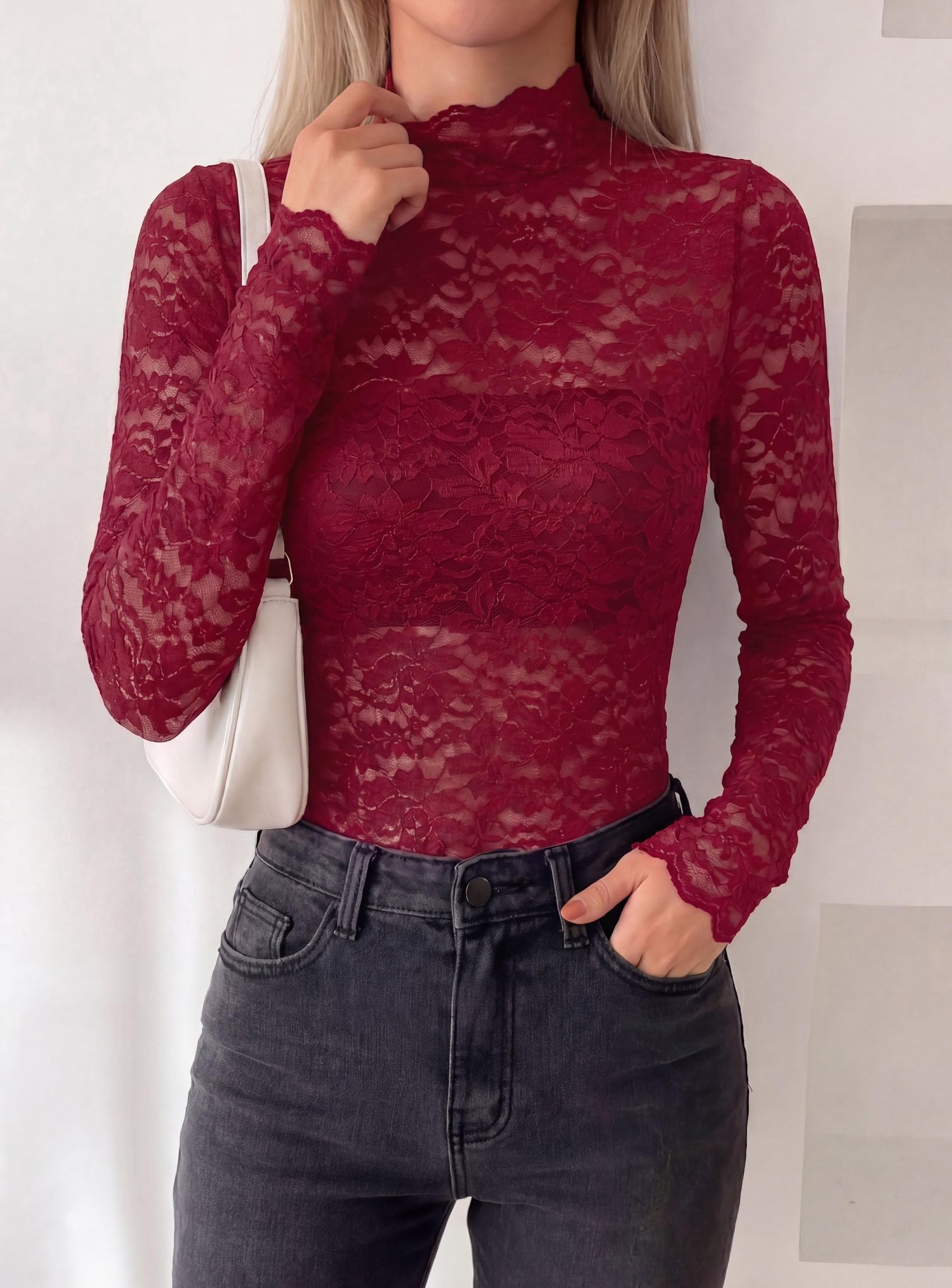 Womens Lace Long Sleeve Tops Sheer Mesh Blouse Wine Red,S