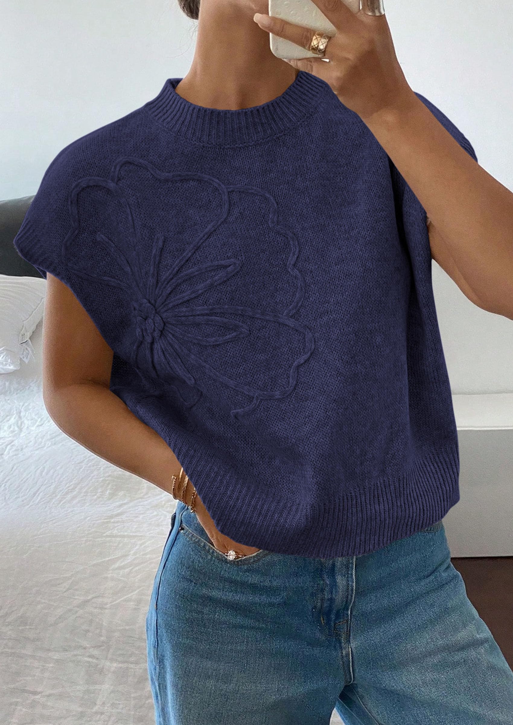 Women's Summer Short Cap Sleeve Sweater Vest (Navy Blue,S)