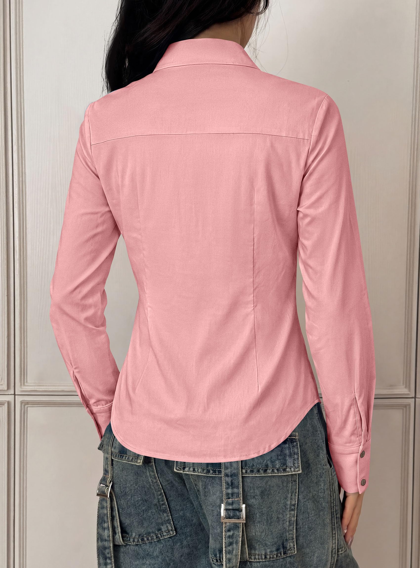 Womens Button Down Shirts Long Sleeve Blouse (Pink,S)