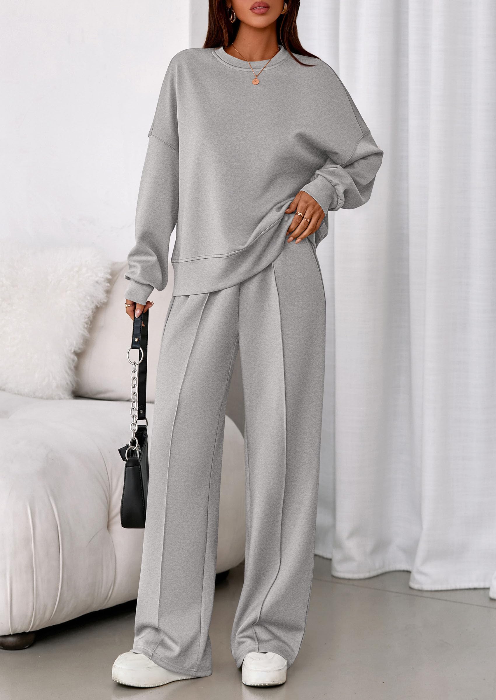 Womens Long Sleeve Sweatshirt 2 Piece Sets,Grey,S