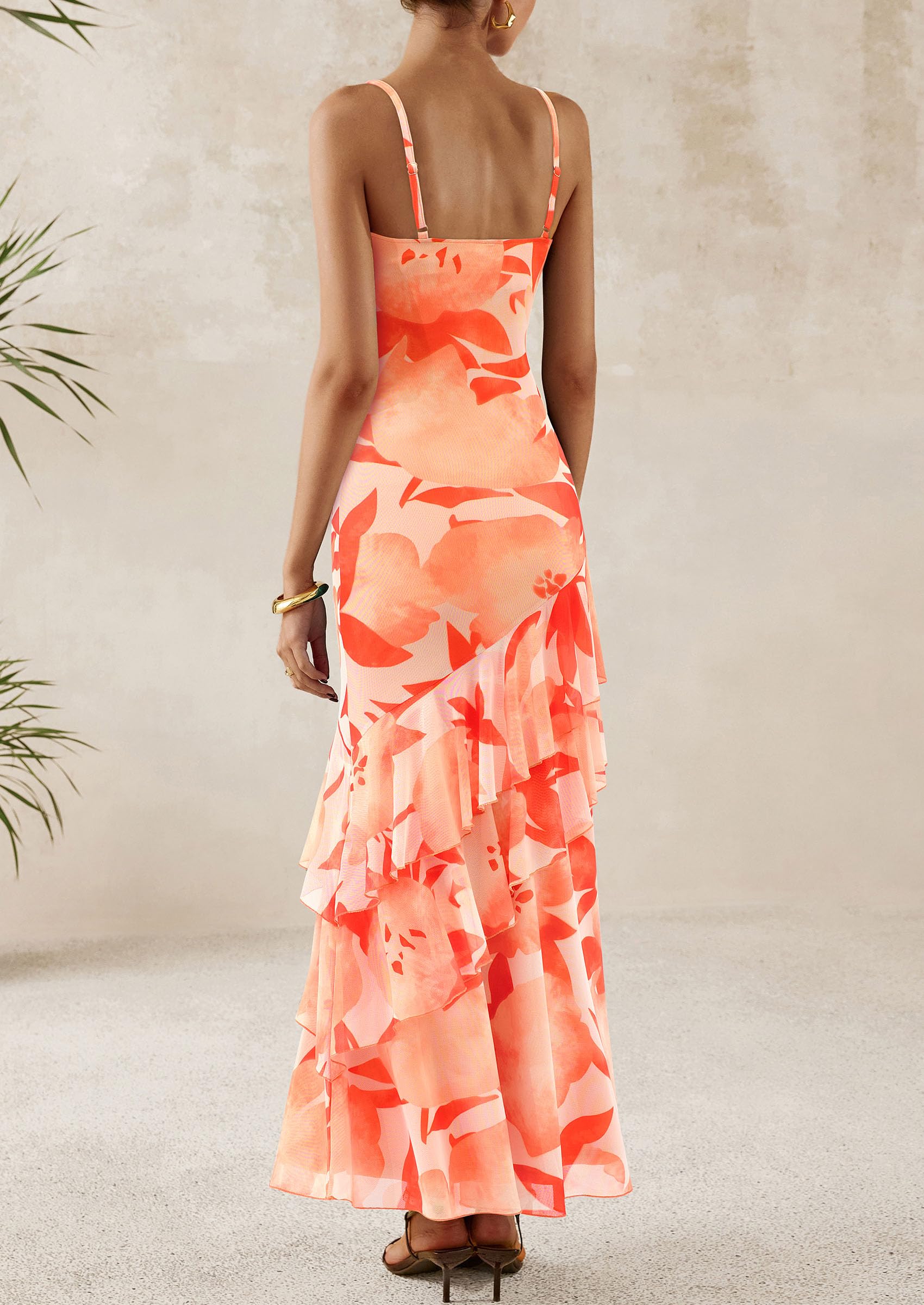 Women's Boho Floral Tiered Maxi Dress, Floral Light Orange,XS