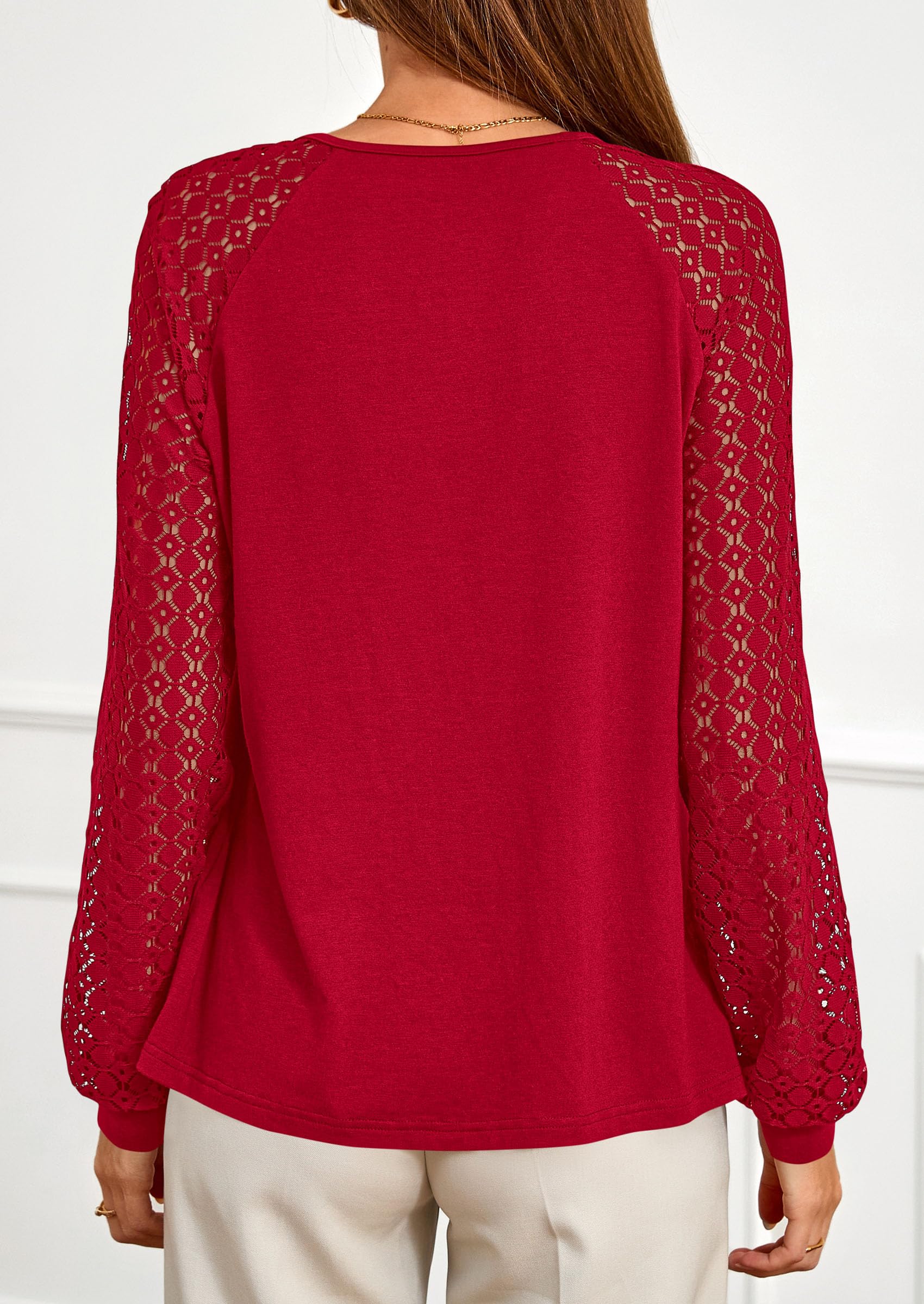 Women's Long Sleeve Shirts Fall Lace Tops,Red,S