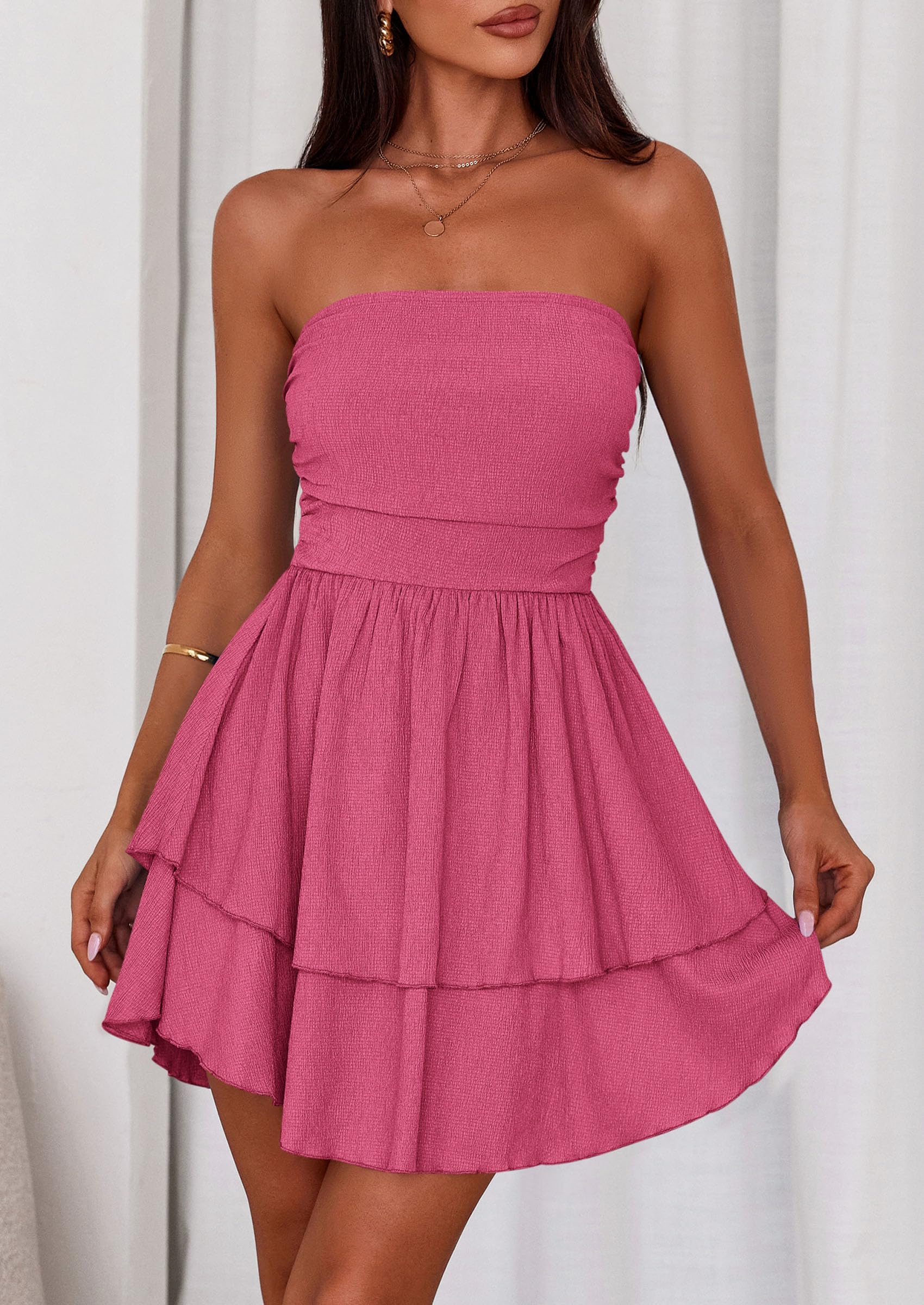 Women's Summer Strapless Flowy Mini Dresses (Rose Red,S)