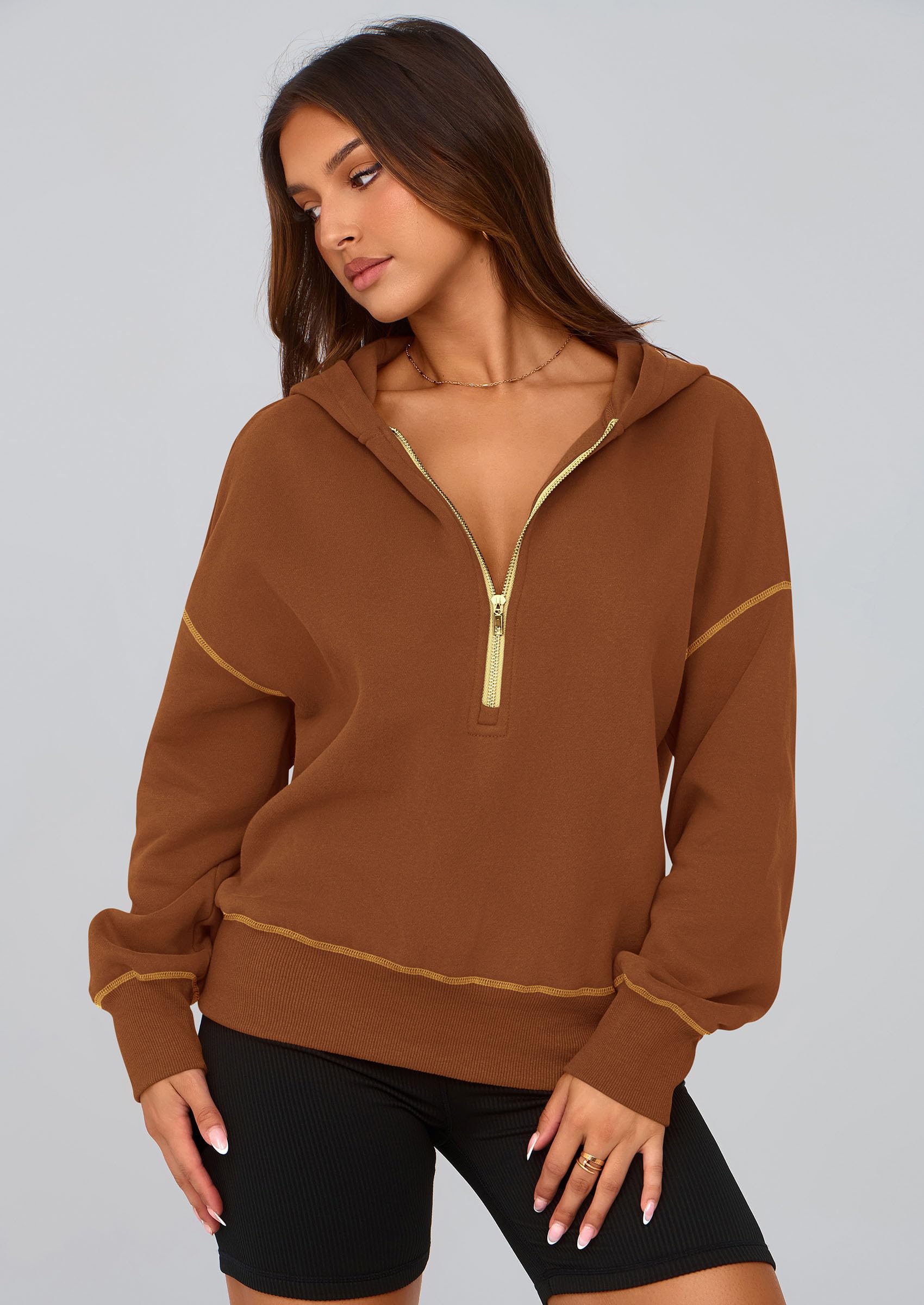 Women's Fall Half Zip Cropped Hoodie Sweatshirt Caramel