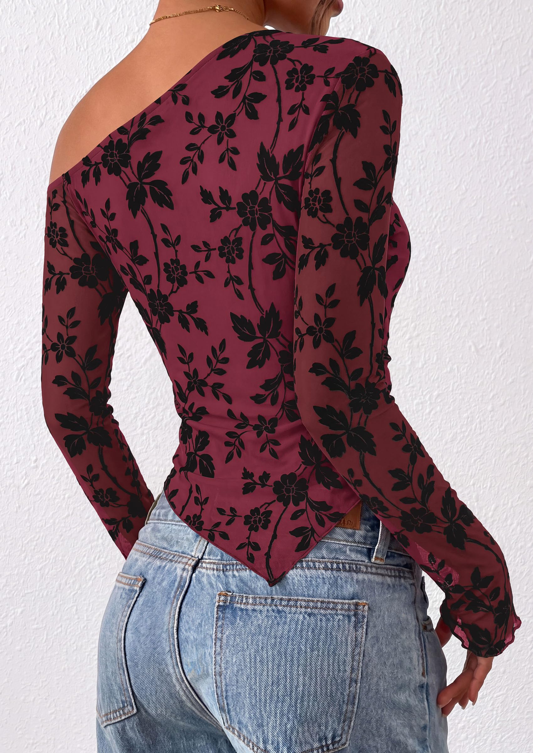 Womens Off Shoulder Mesh Y2k Tops,Wine Red,XS
