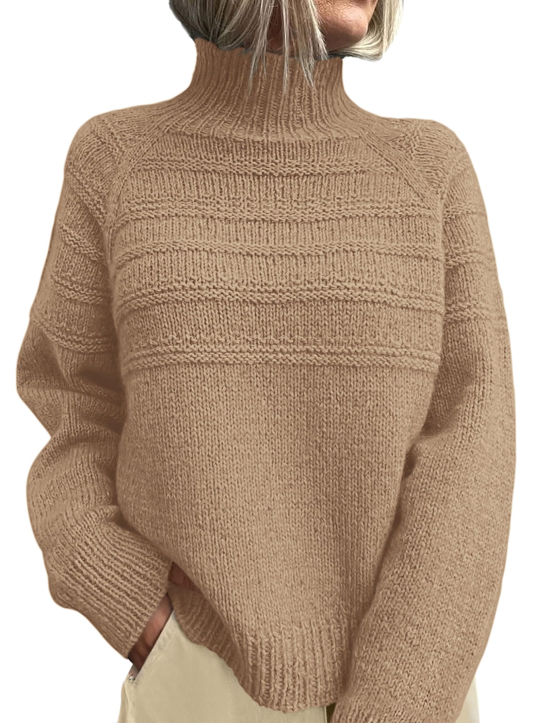 Women's Chunky Knit Mock Neck Pullover Sweaters,Khaki,S