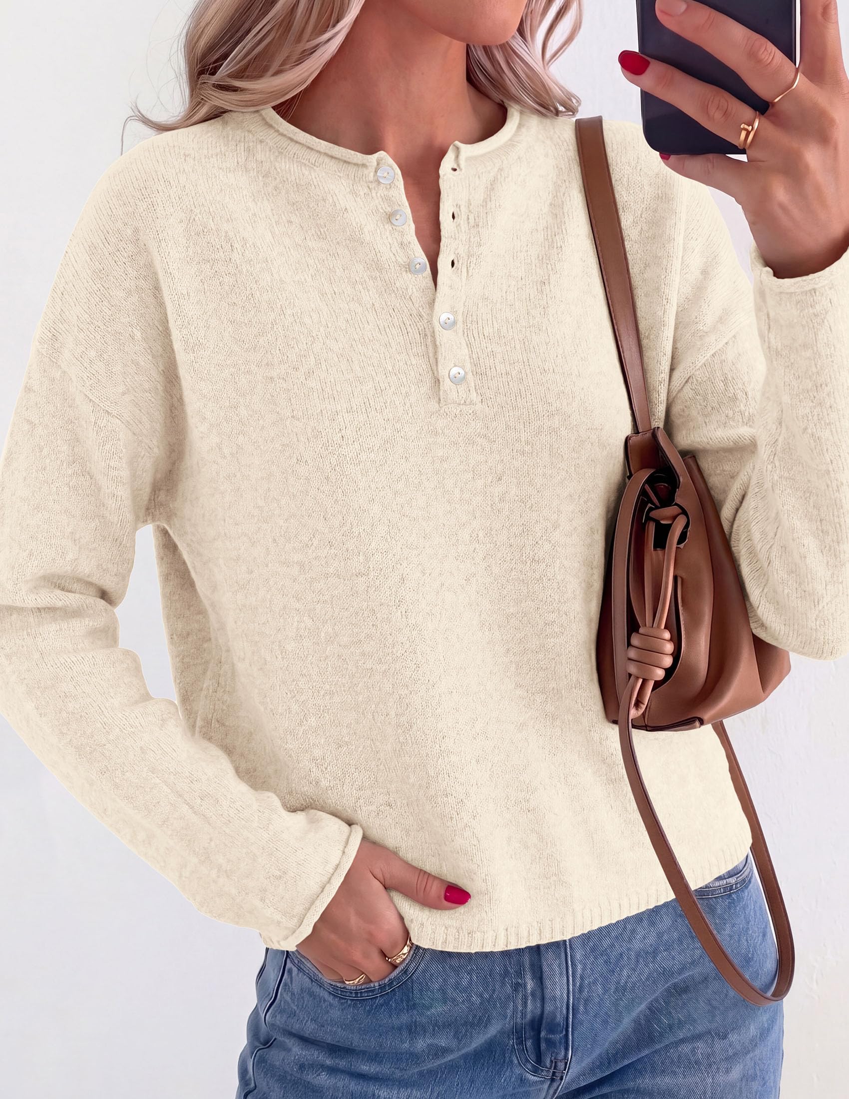 Women's Henley Cozy Sweaters Button Up Pullover Beige S