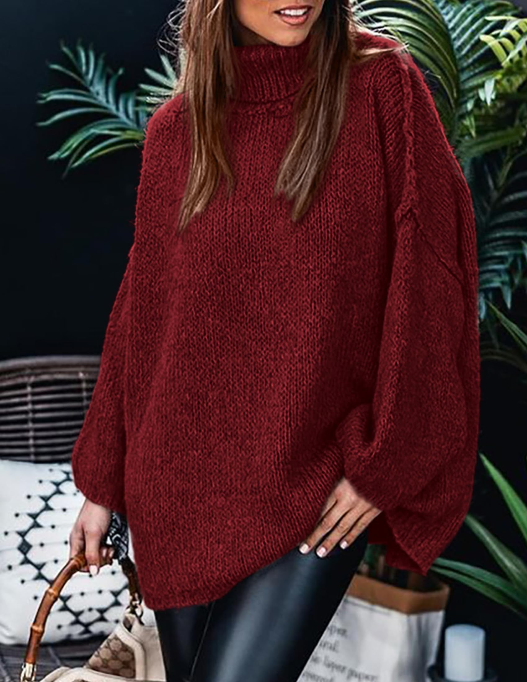 Womens Turtleneck Long Sleeve Oversized Sweaters,Wine Red,S