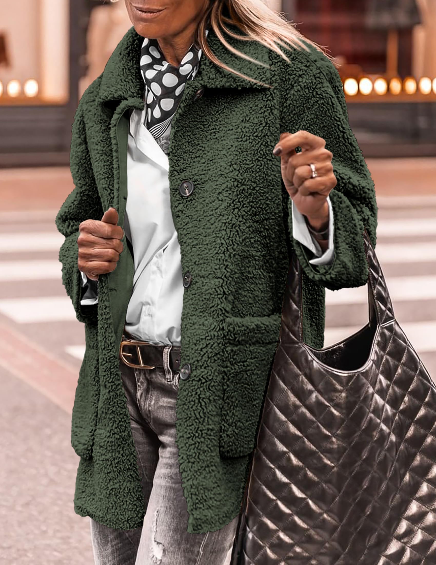 Women's Fleece Sherpa Coats Winter Outfits Dark Army Green,S
