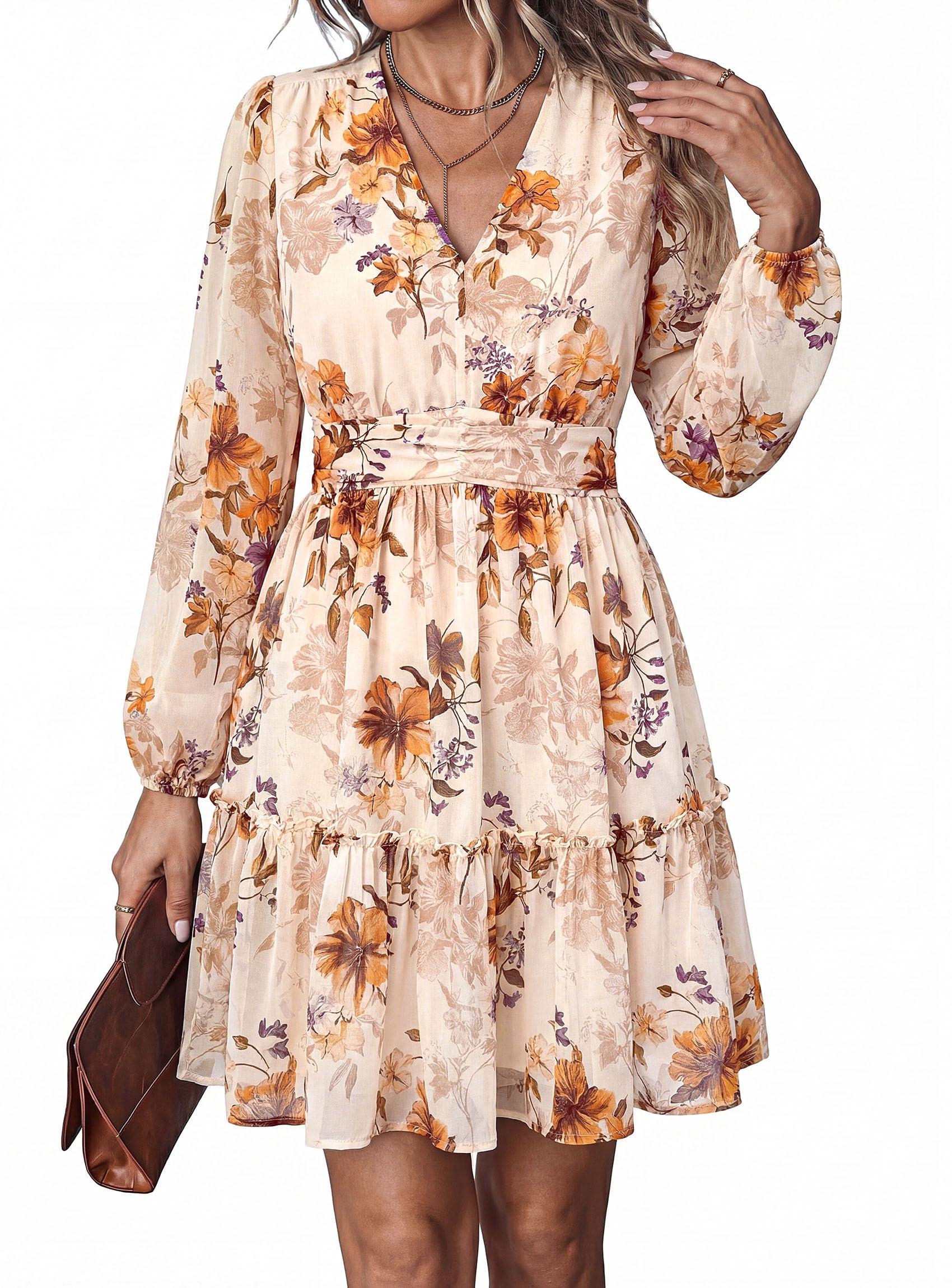 Women Floral Long Sleeve Mini Dress Fall Wedding Guest Dresses