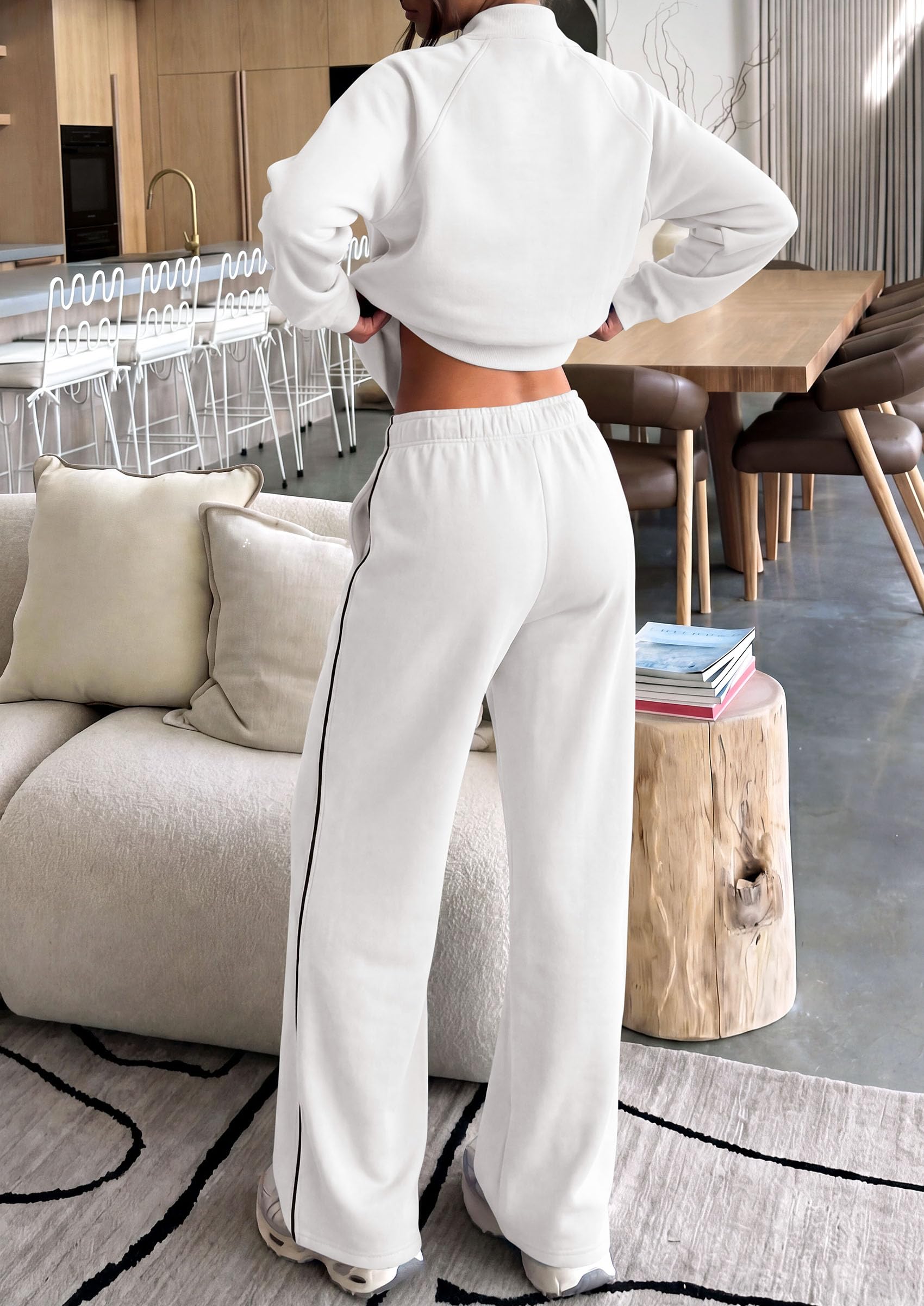 Women's 2 Piece Sweat Set Casual Fall Outfits,White,S