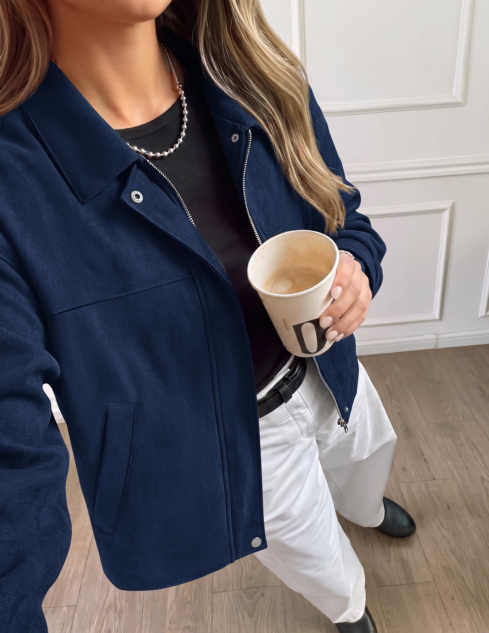 Women's Faux Suede Cropped Fall Jackets,Navy,S