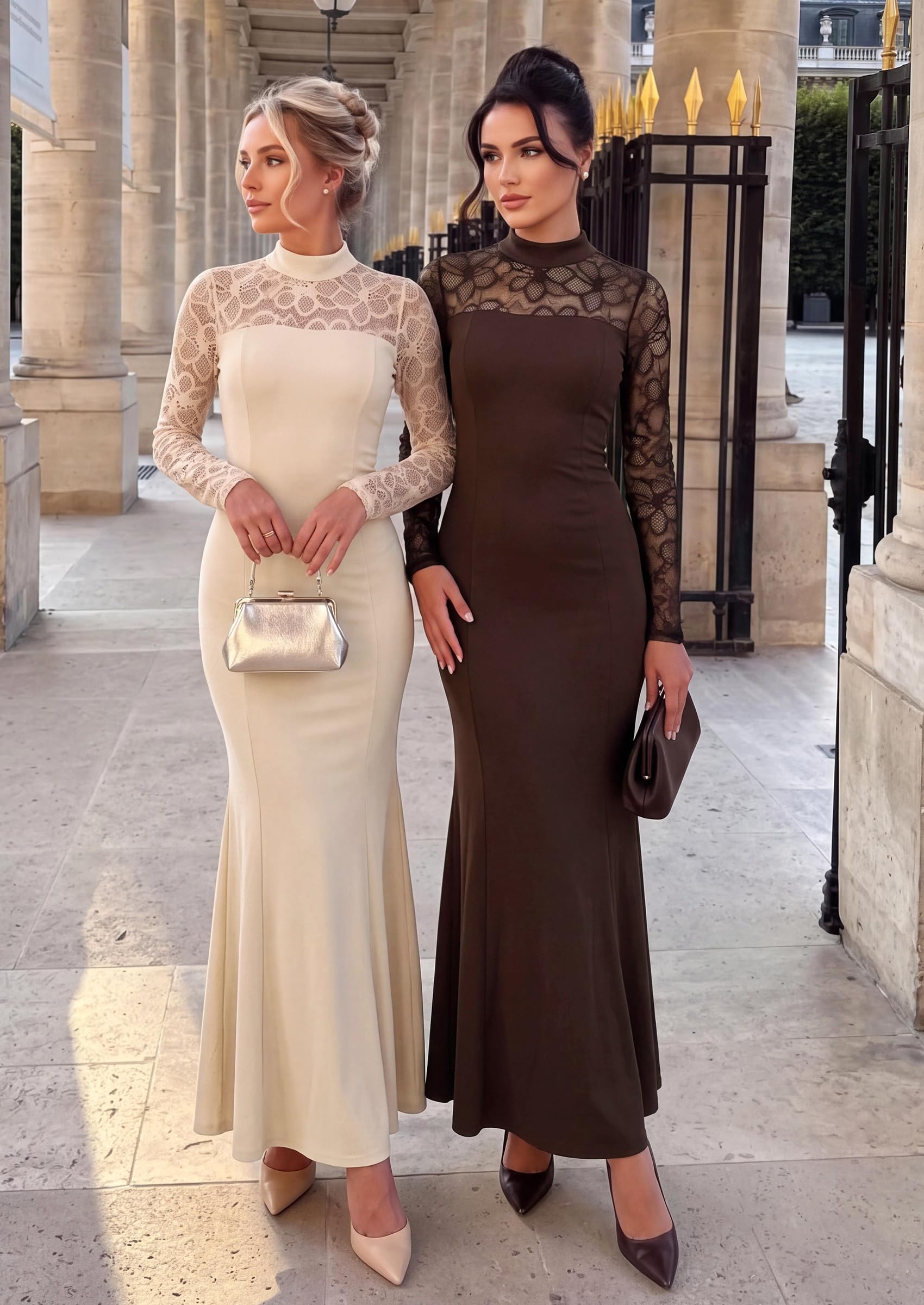 Women's Fall Lace Sheer Dress Bodycon Maxi Cocktail Dresses