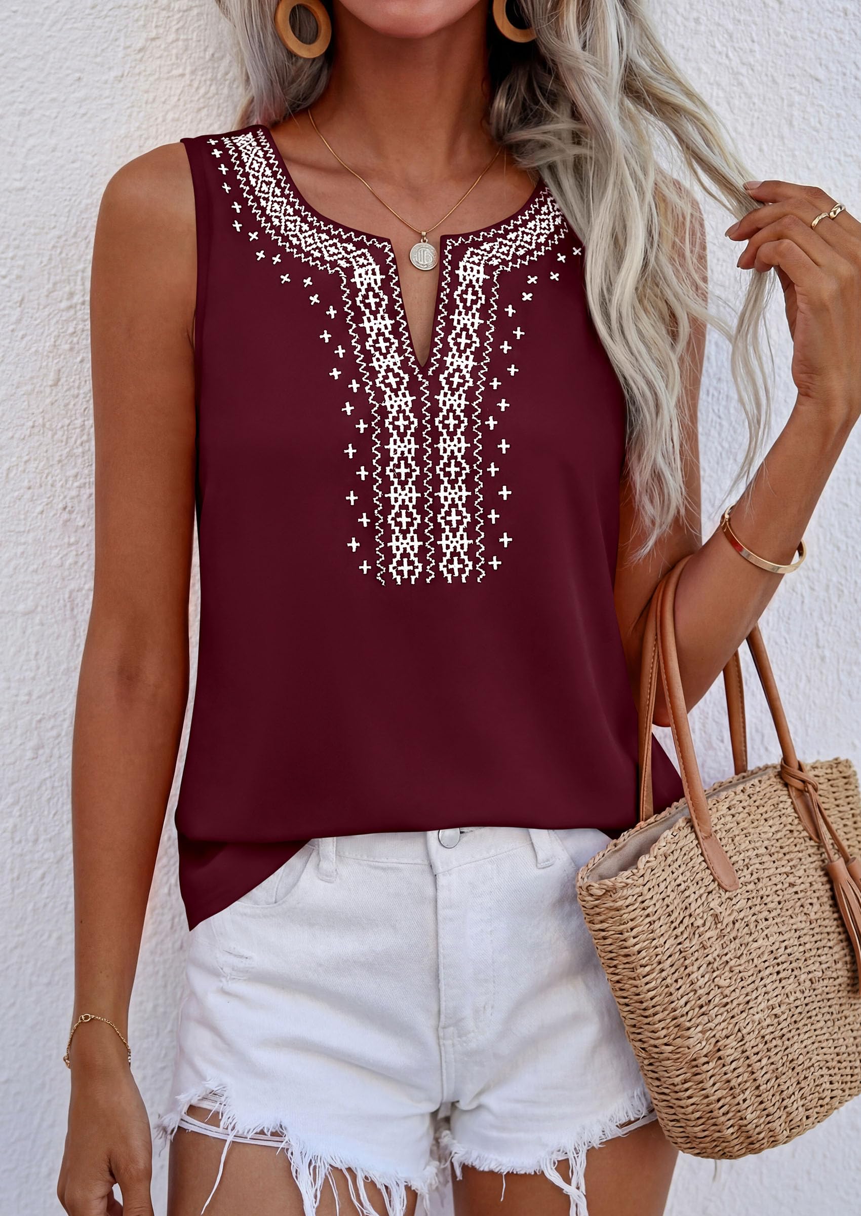 Womens Embroidered Sleeveless Tank Tops Wine Red,S