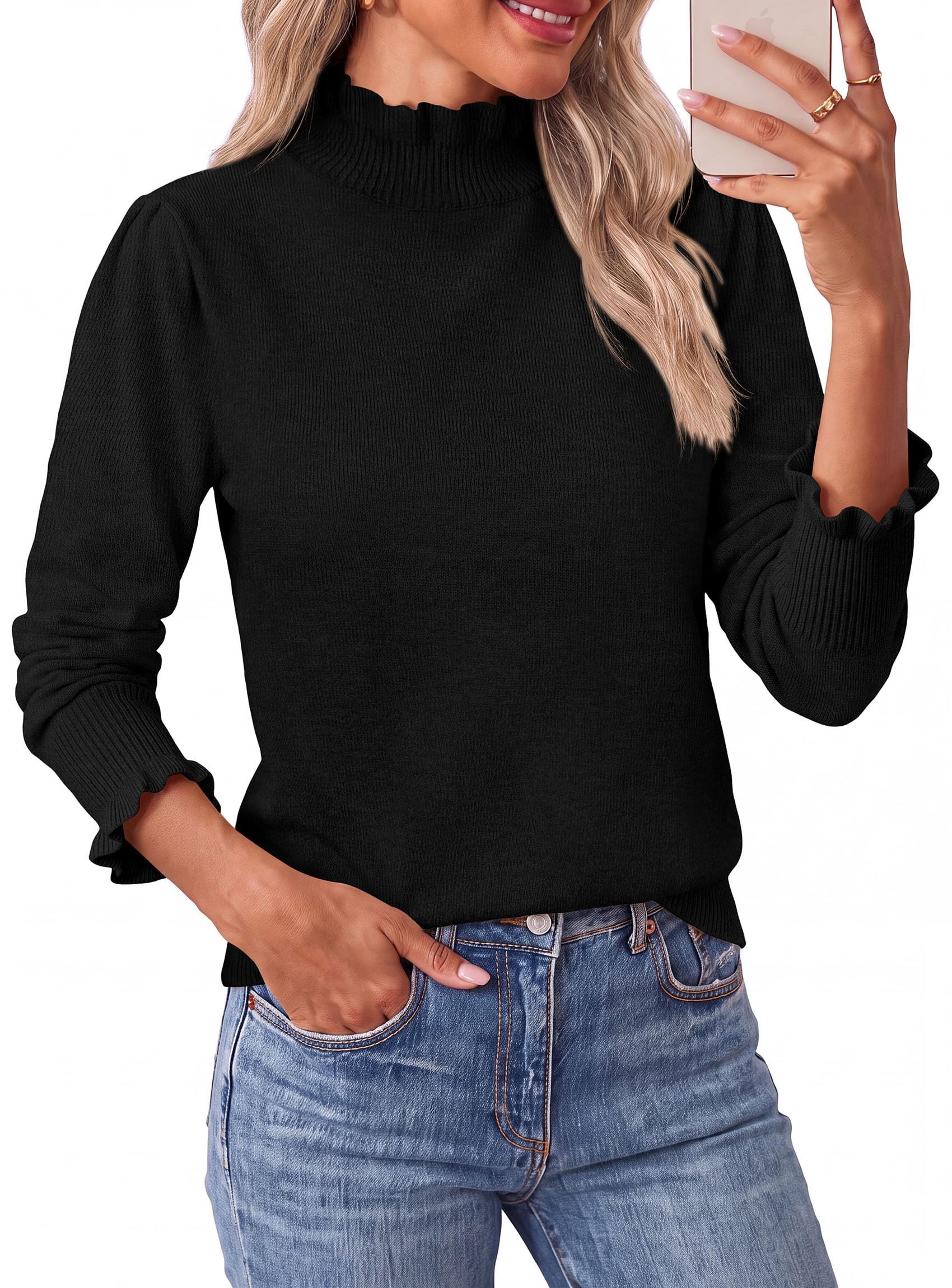 Women's Fall Cozy Sweaters Trendy Ruffle Mock Neck Pullover