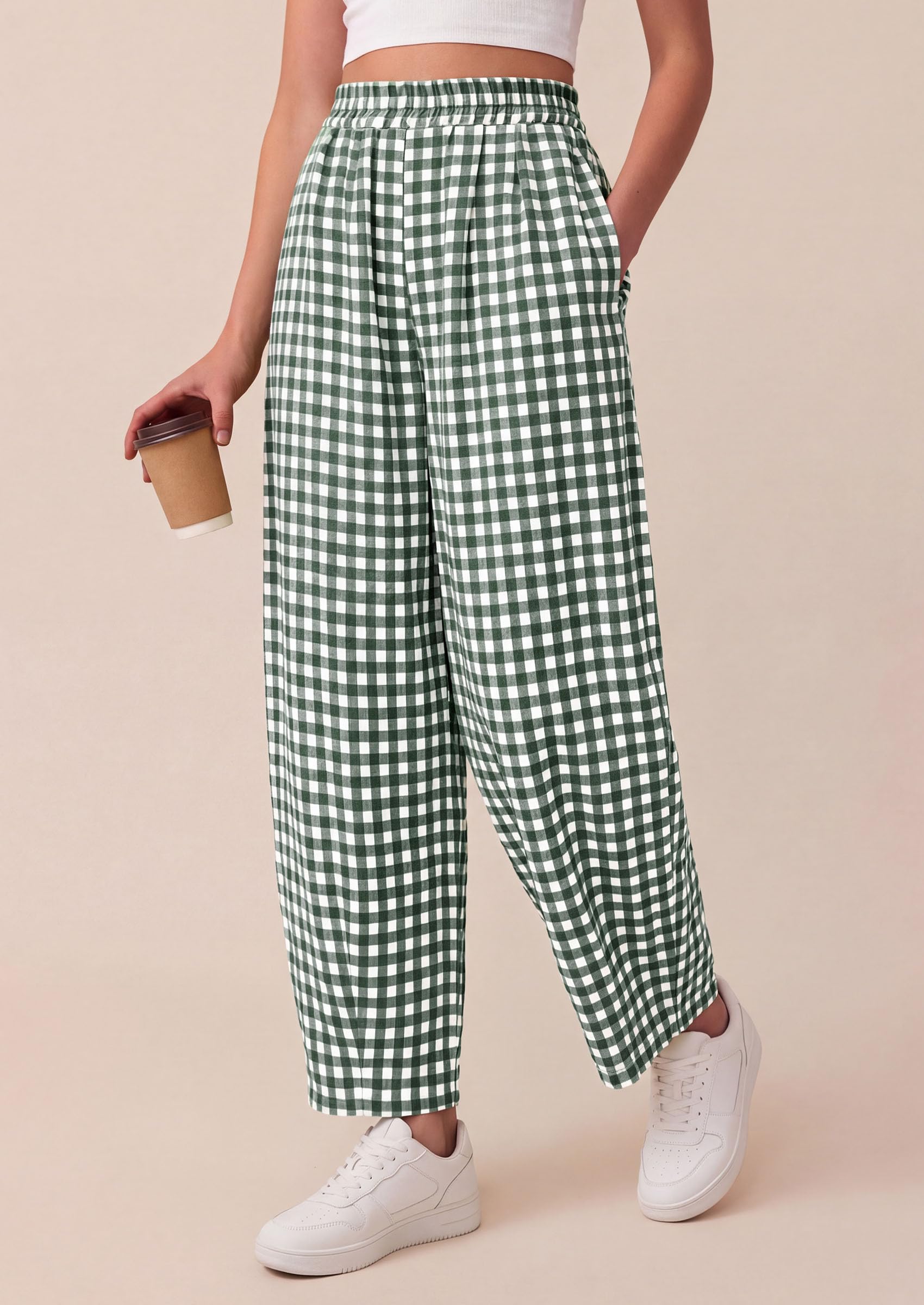Plaid Barrel Pants Women Summer Bottoms, Dark Green Plaid,S