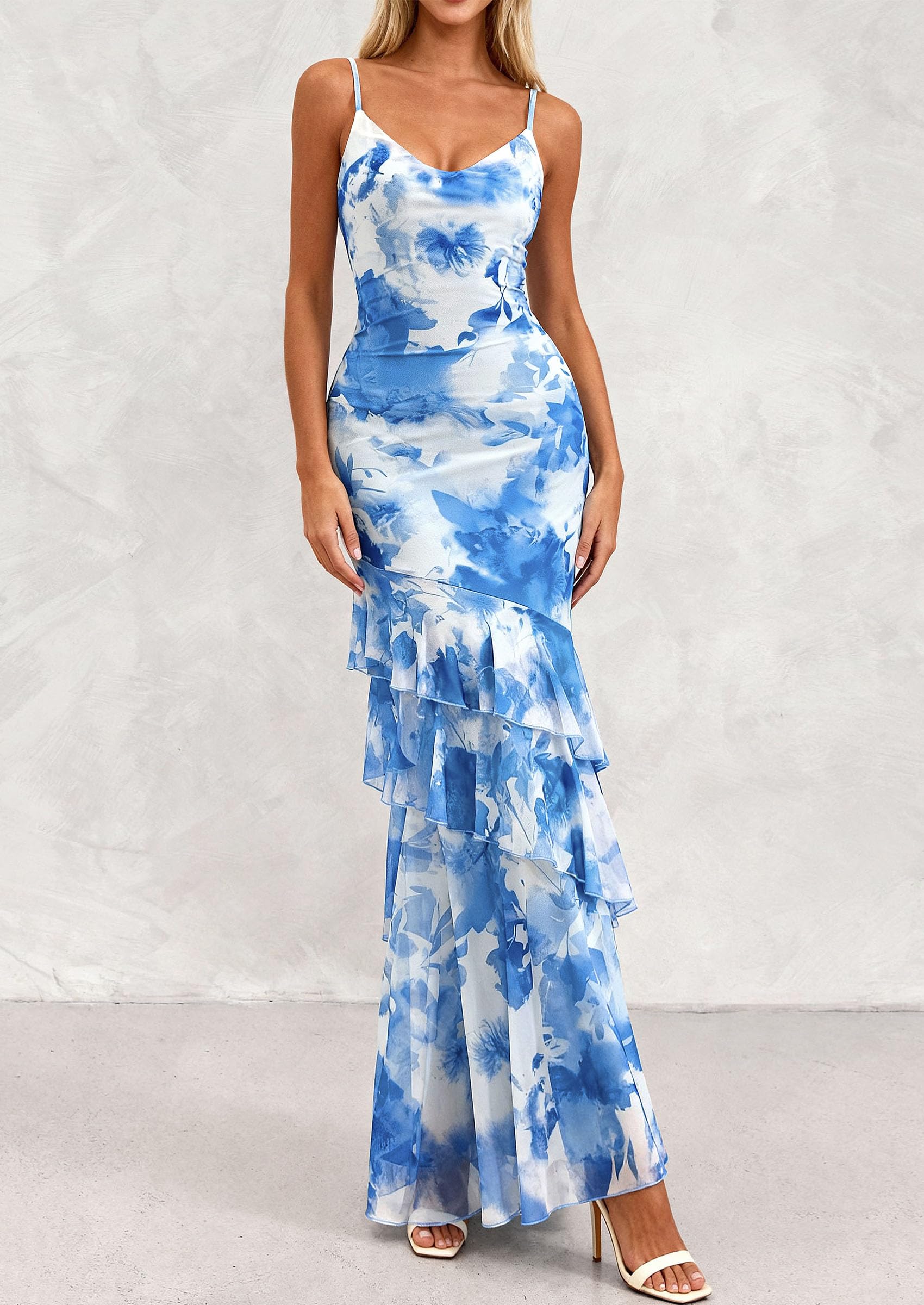 Women's Boho Floral Tiered Maxi Dress, Blue,XS