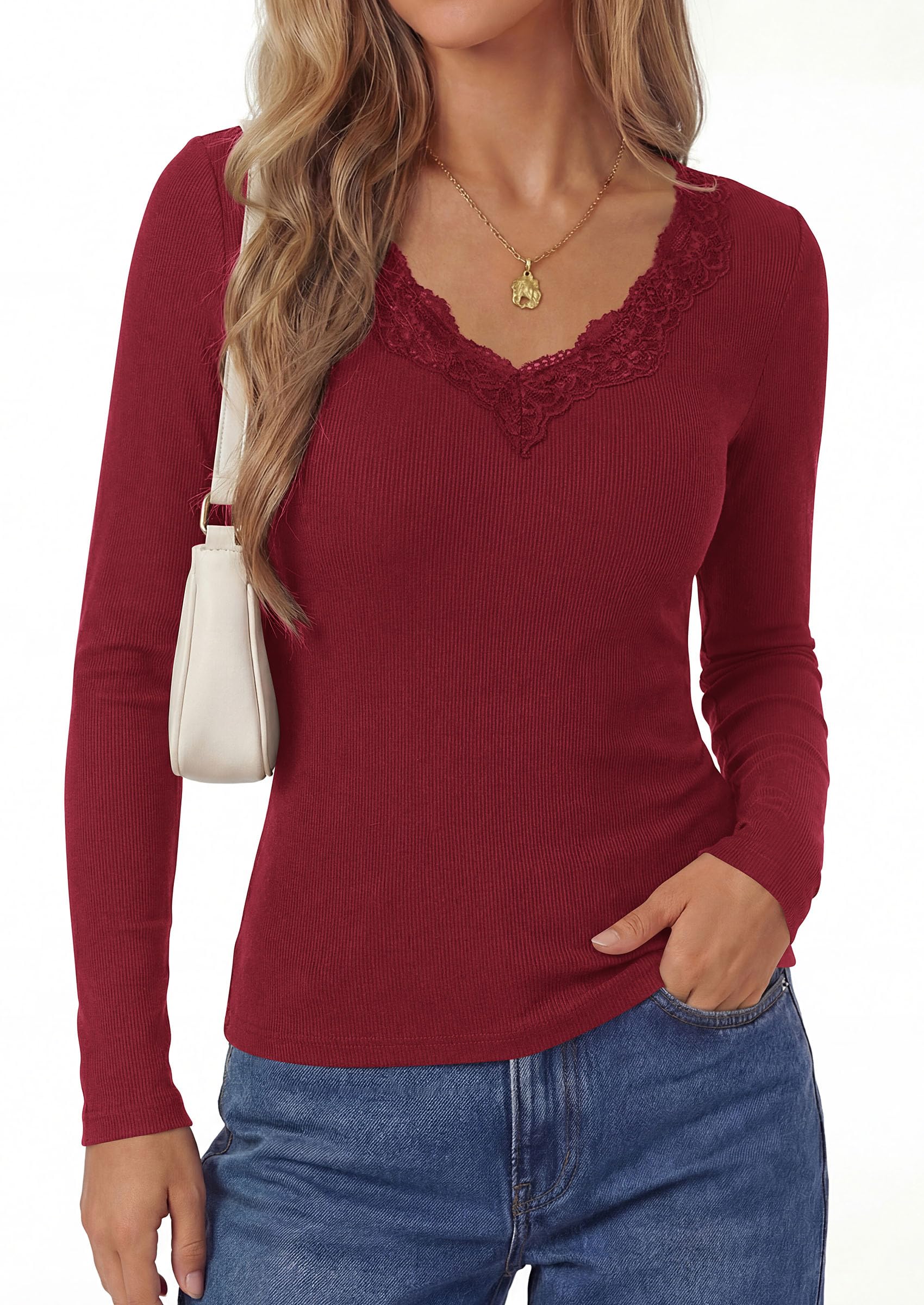 Women's Lace V Neck Long Sleeve Fitted T Shirts,Burgundy,S