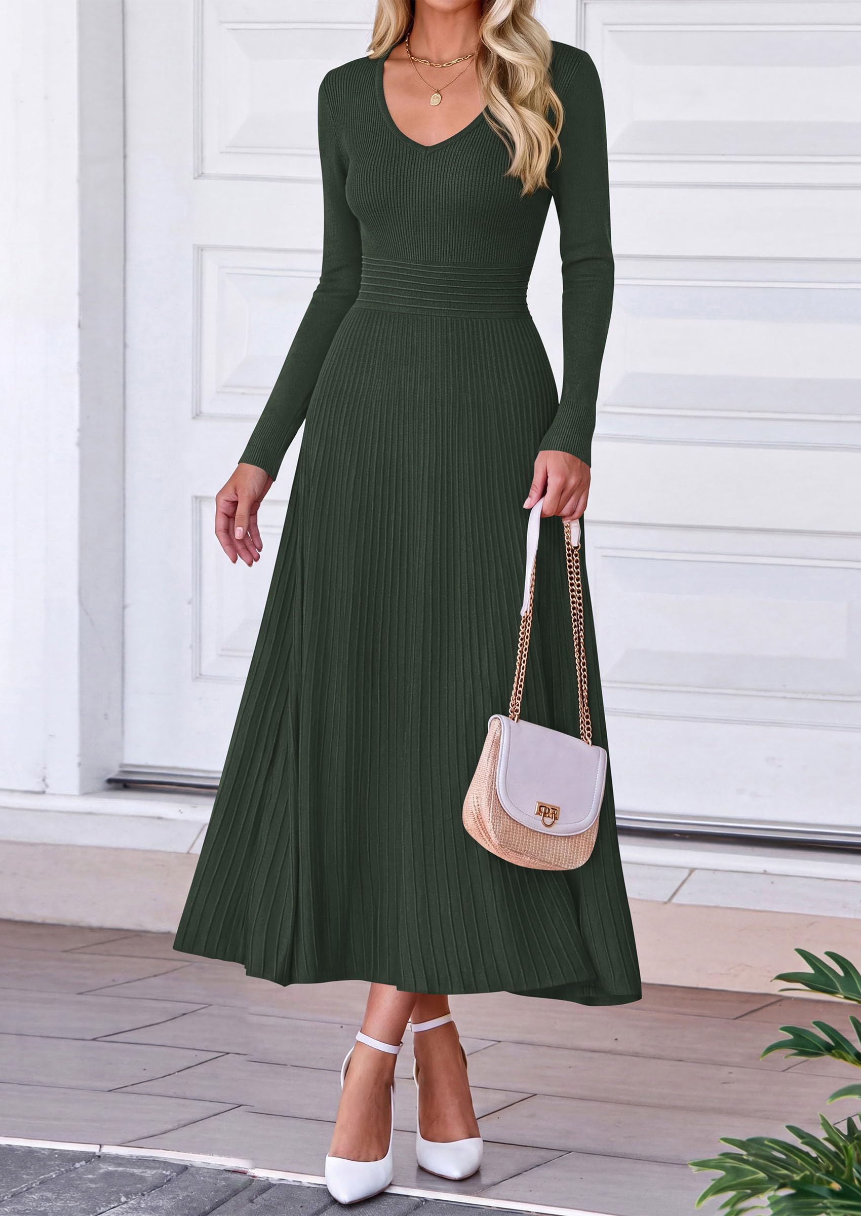 Women's Fall V Neck Pleated Midi Sweater Dress,Army Green,S