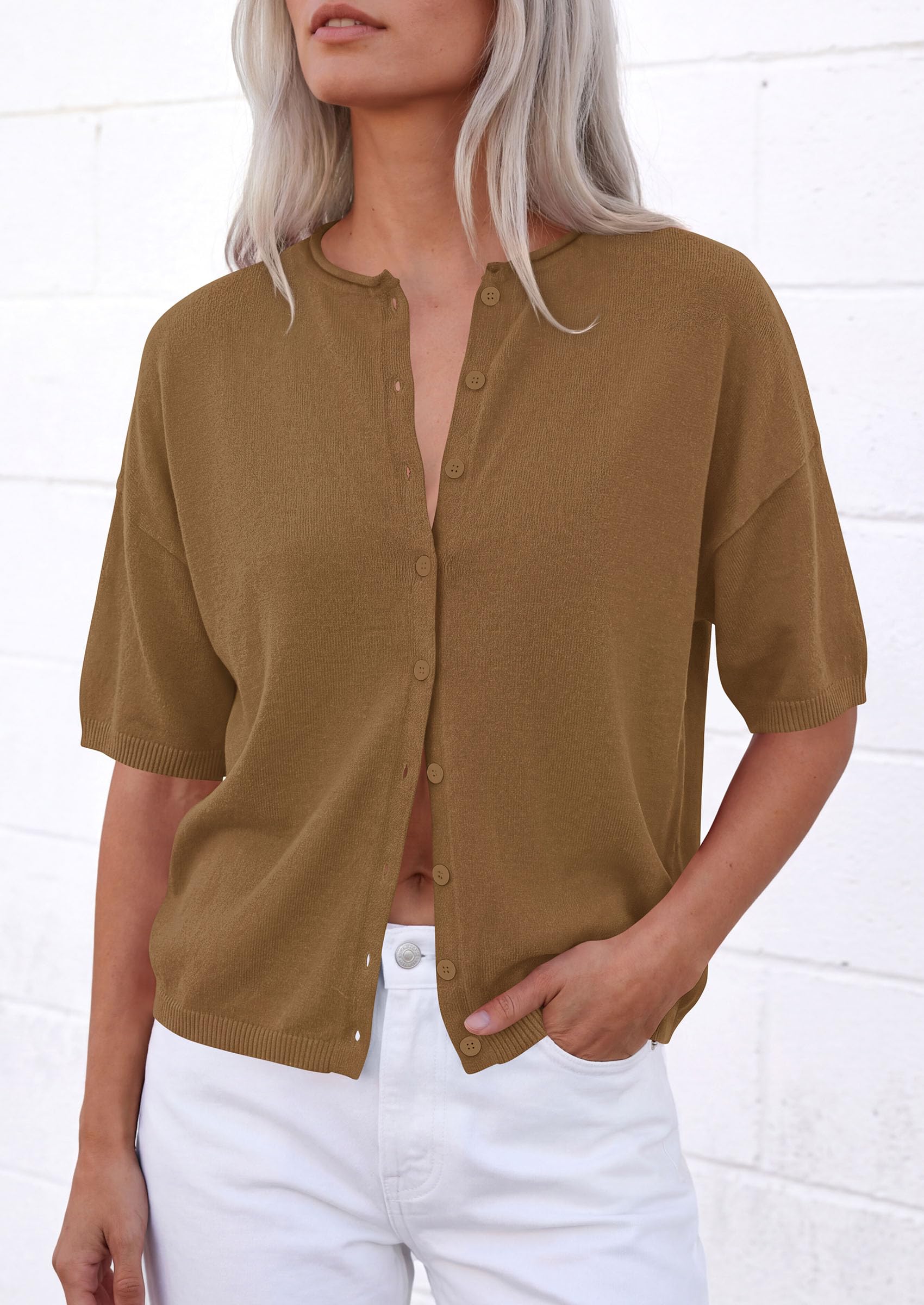 Women's Short Sleeve Cardigan Sweaters (Dark Khaki,Small)