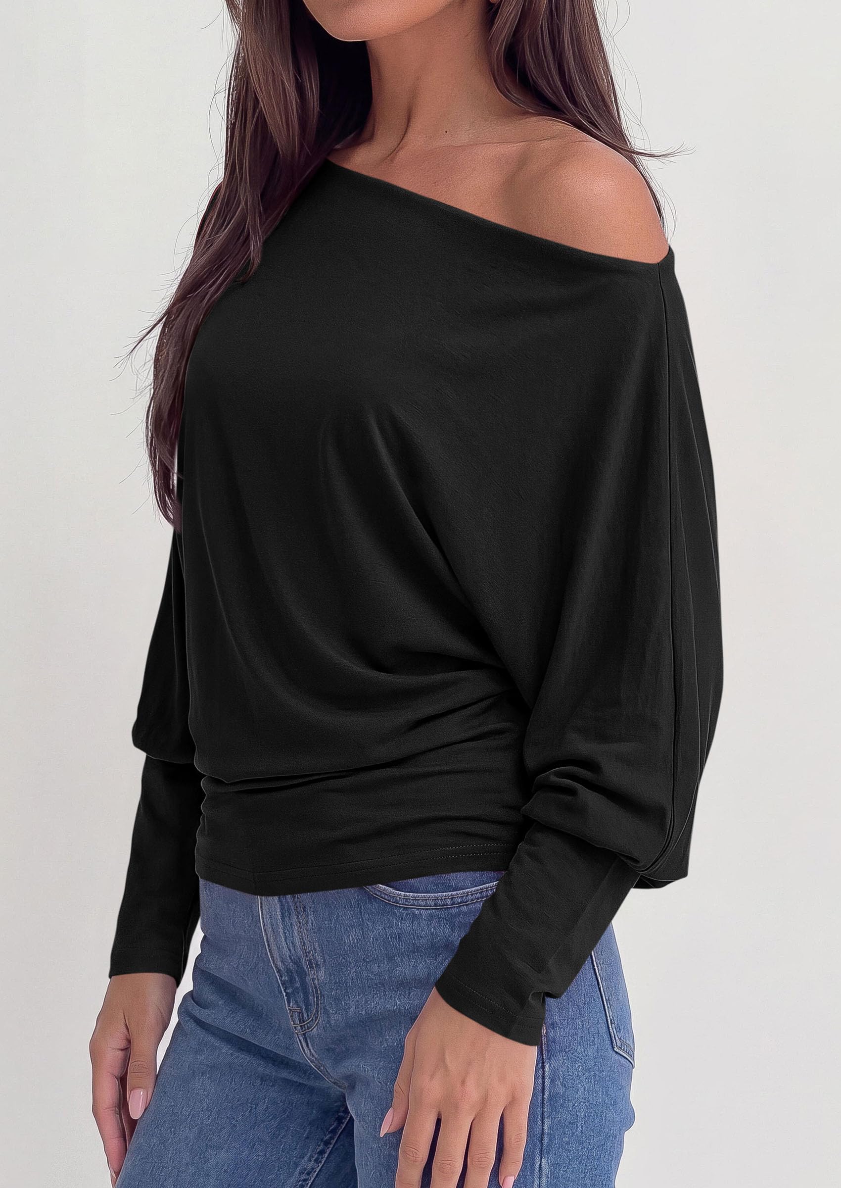 Womens Off The Shoulder Batwing Long Sleeve Top,Black,S