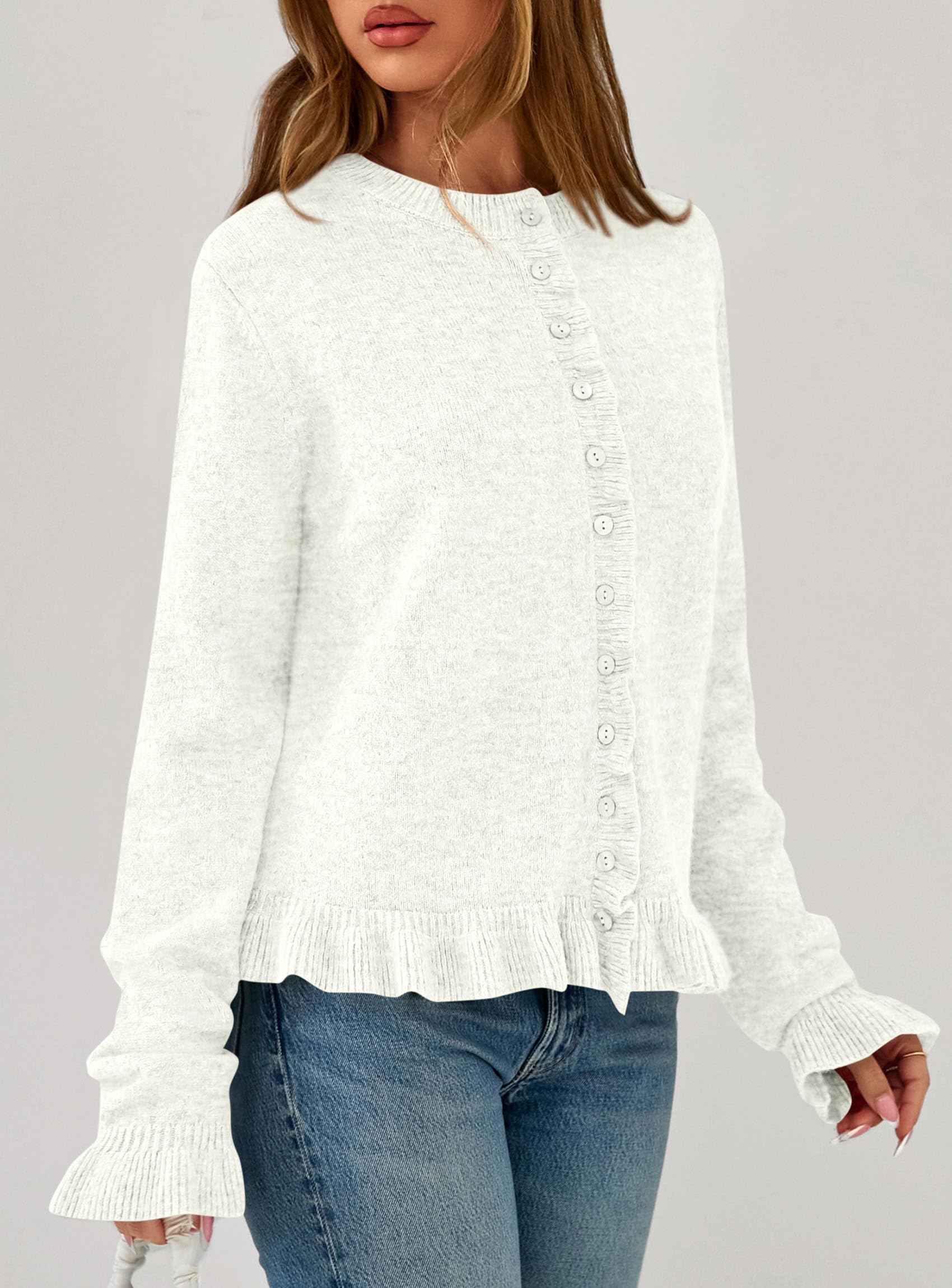 Womens Ruffle Button Down Cardigan Sweaters,White,S
