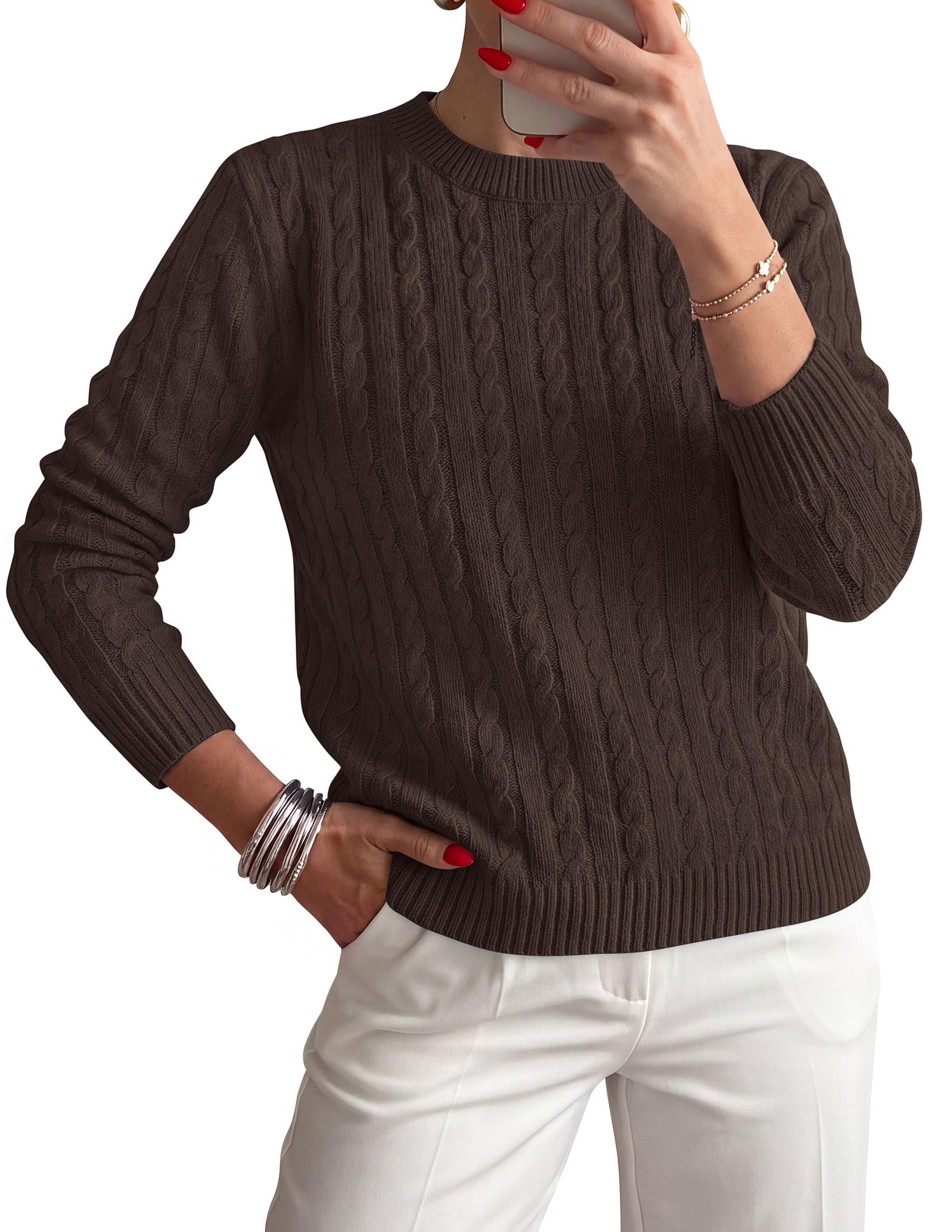 Womens Cable Knit Crewneck Fall Sweater Long Sleeve Tops 2026