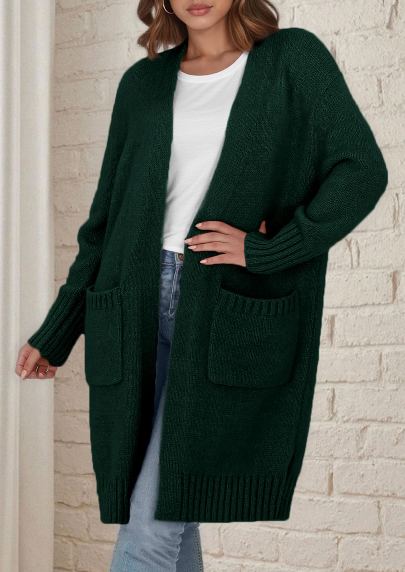 Open Front Cardigan Sweaters for Women,Dark Green,S