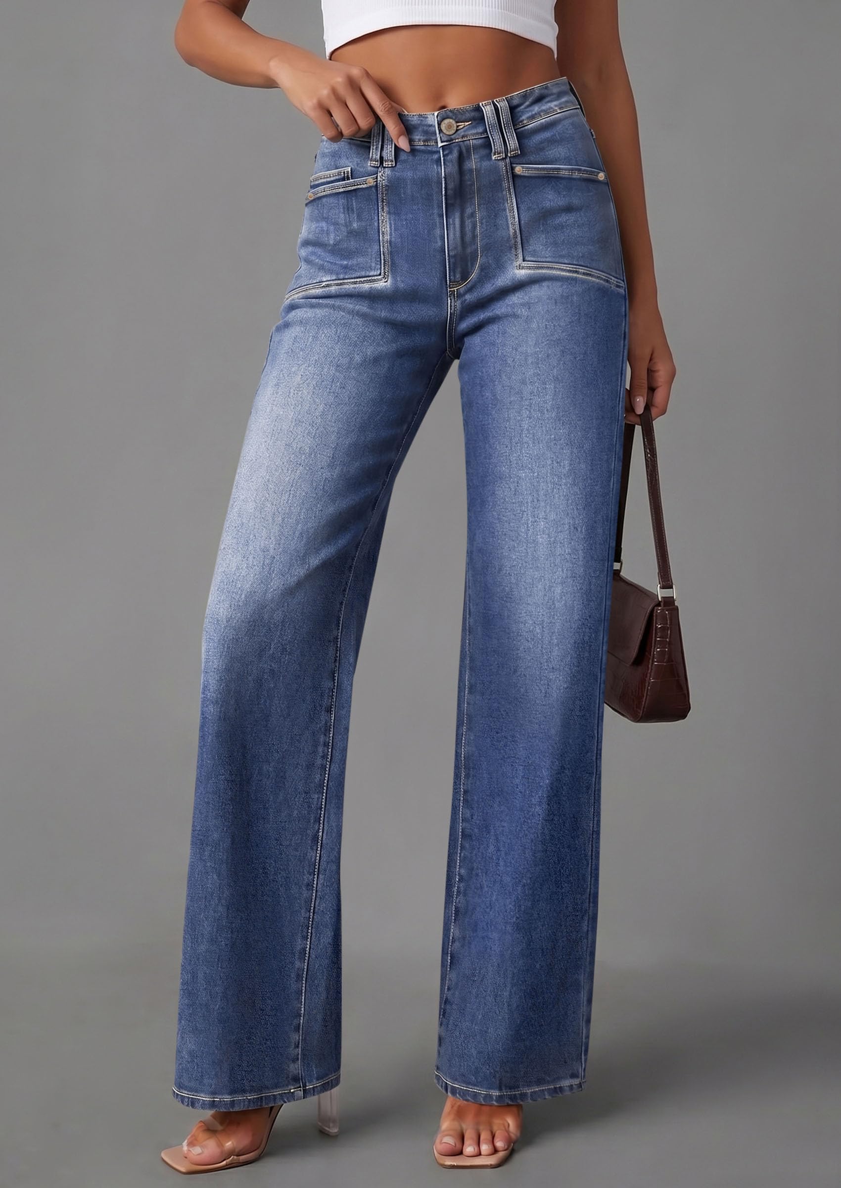 High Waisted Wide Leg Jeans for Women 2026 Trendy,Dark Blue,10