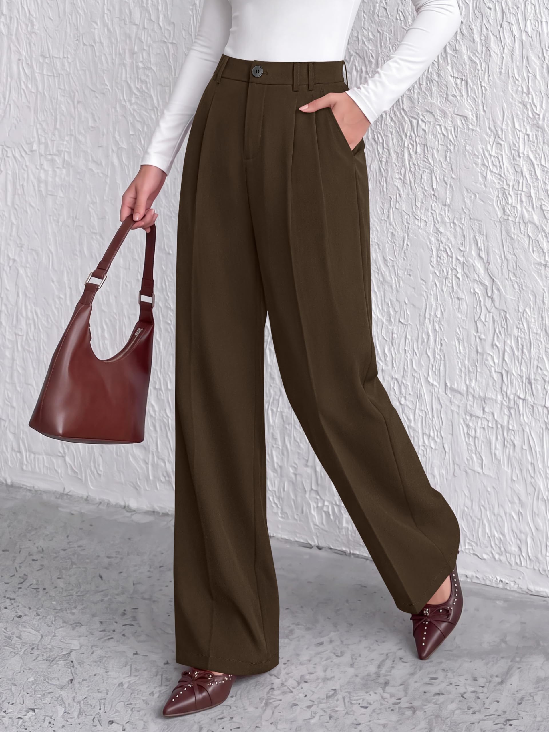 Women's Dress Pants Wide Leg Flowy Trousers,Coffee,L