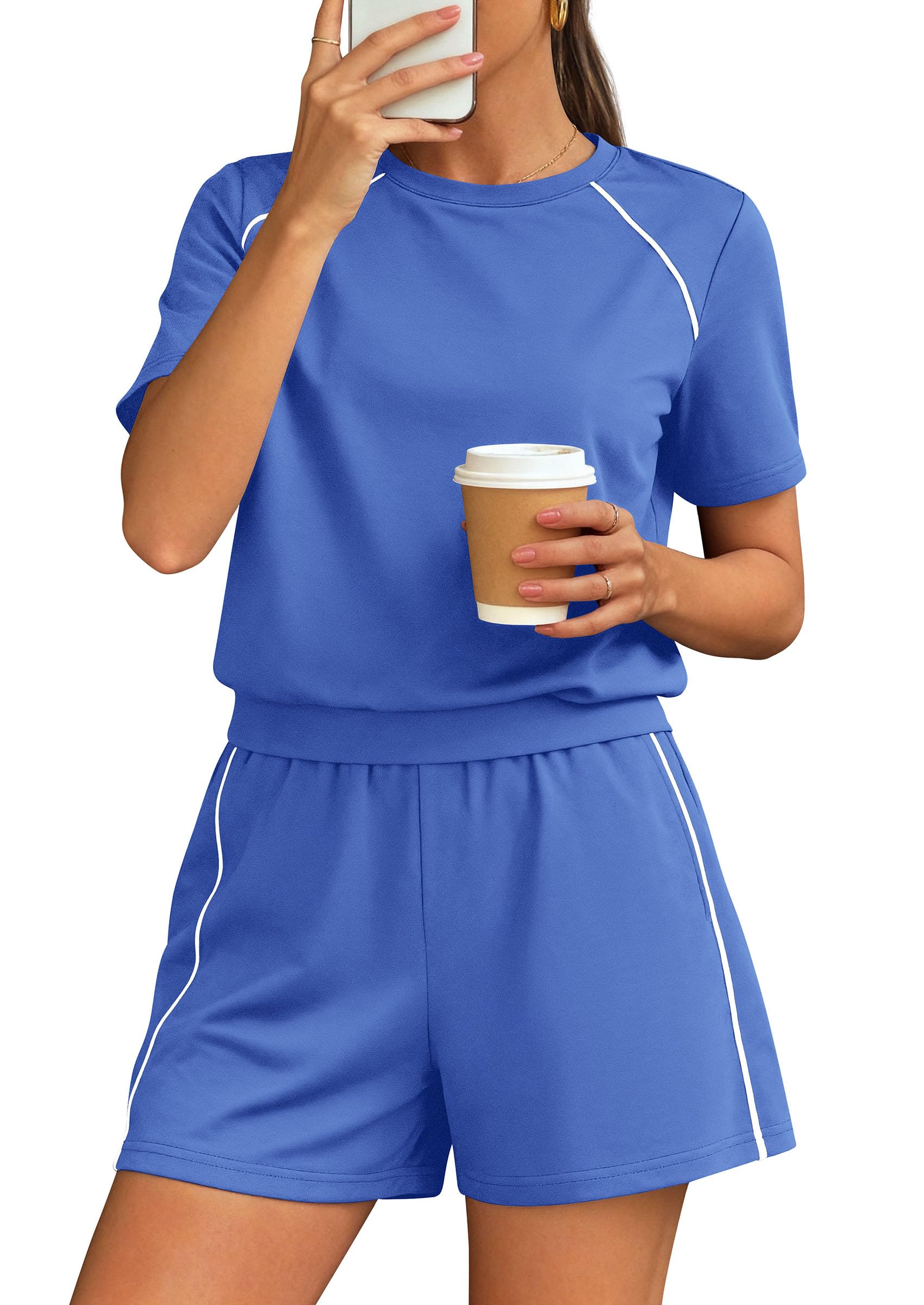 Womens 2 Piece Short Sets Casual Summer Outfits, Blue,S