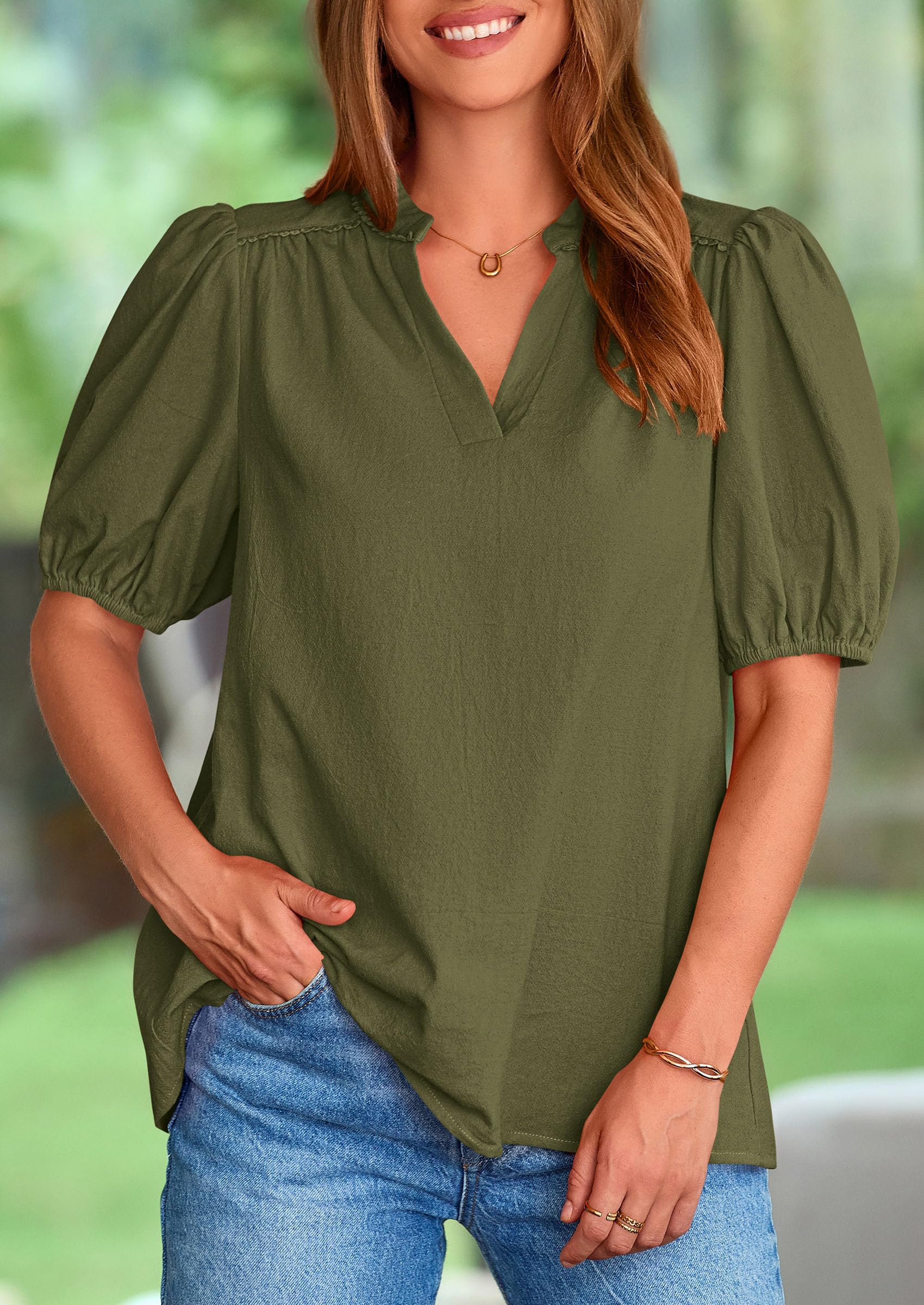 Womens Short Puff Sleeve V Neck Blouses,Army Green,S