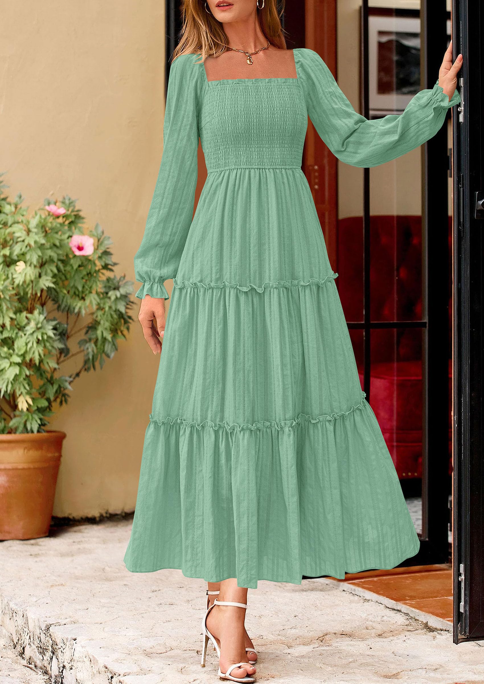 Women's Long Sleeve Ruffle Flowy Maxi Dress,Sage Green,S