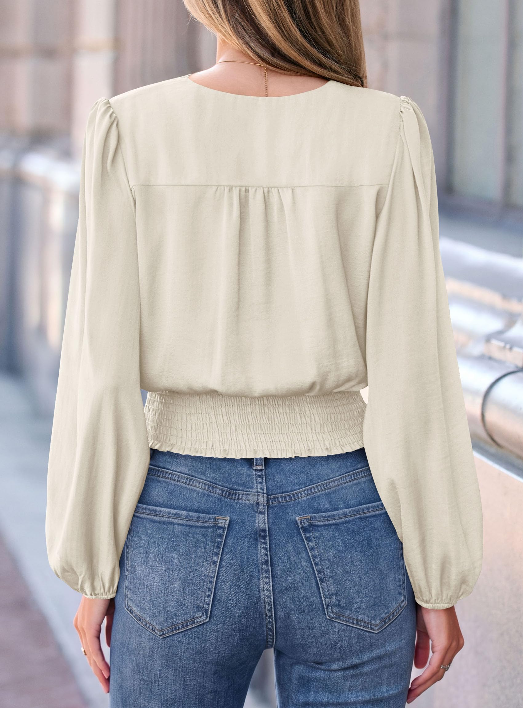 Women's Long Sleeve V Neck Wrap Blouse,Apricot,S