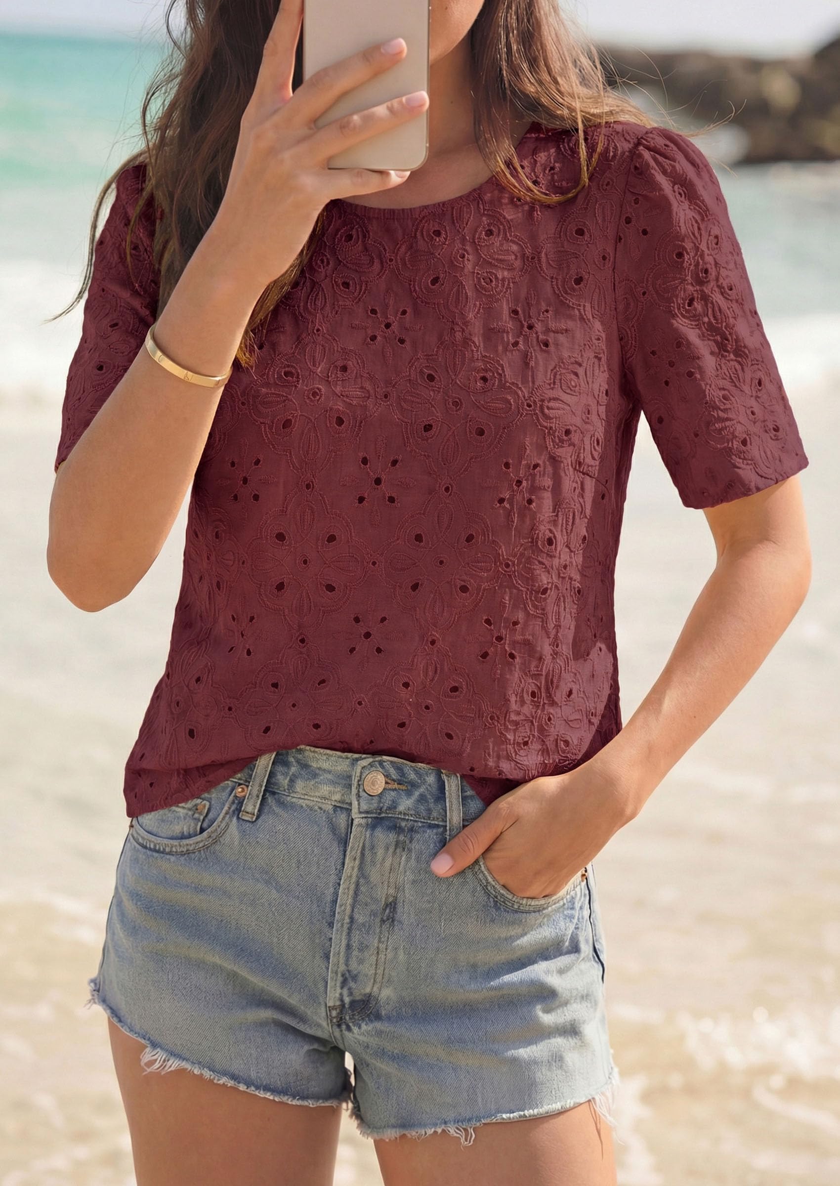 Women's Embroidered Eyelet Short Sleeve Blouse, Brown Red,XS
