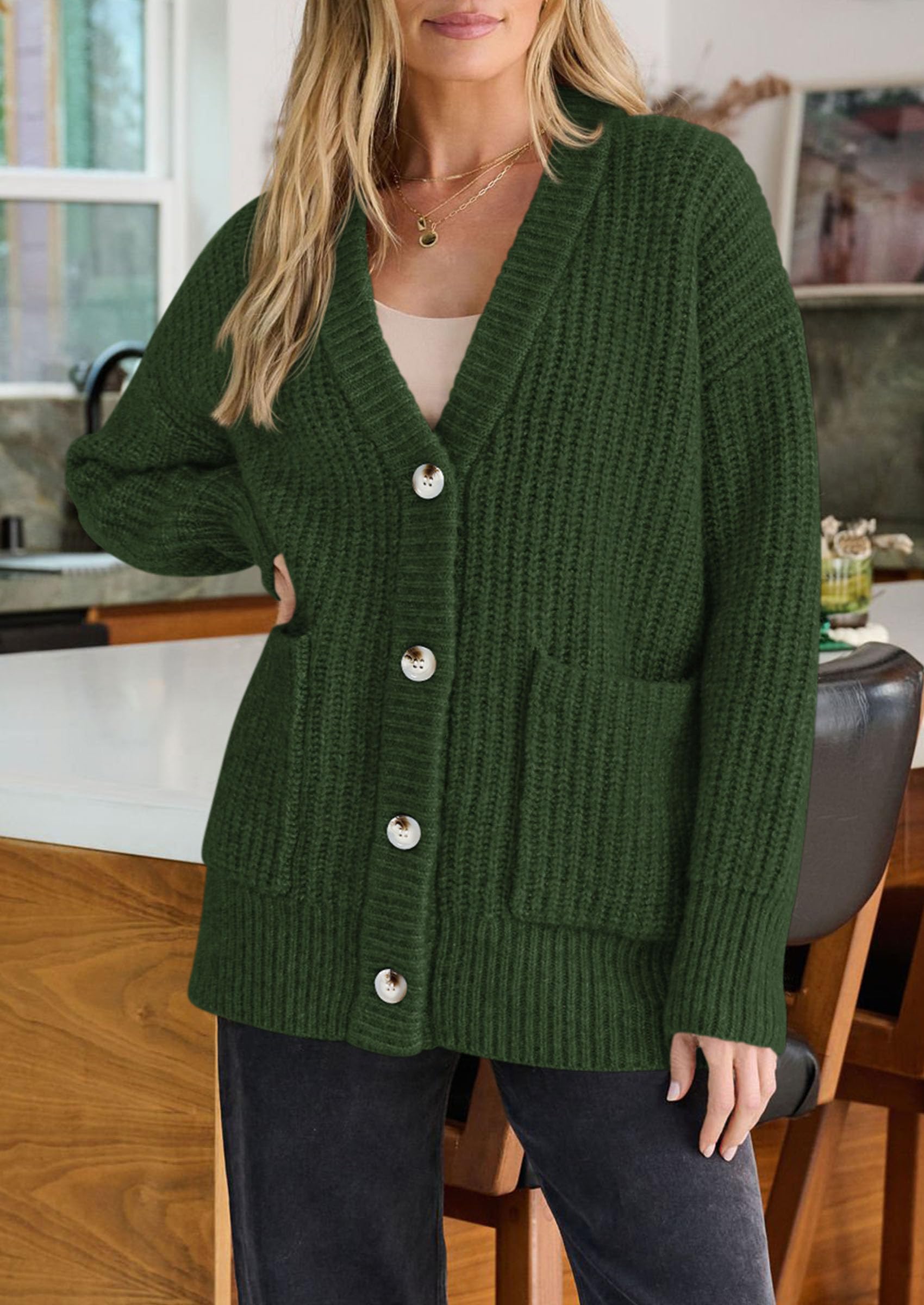 Oversized Cardigan Sweaters for Women Button Up,Army Green,S
