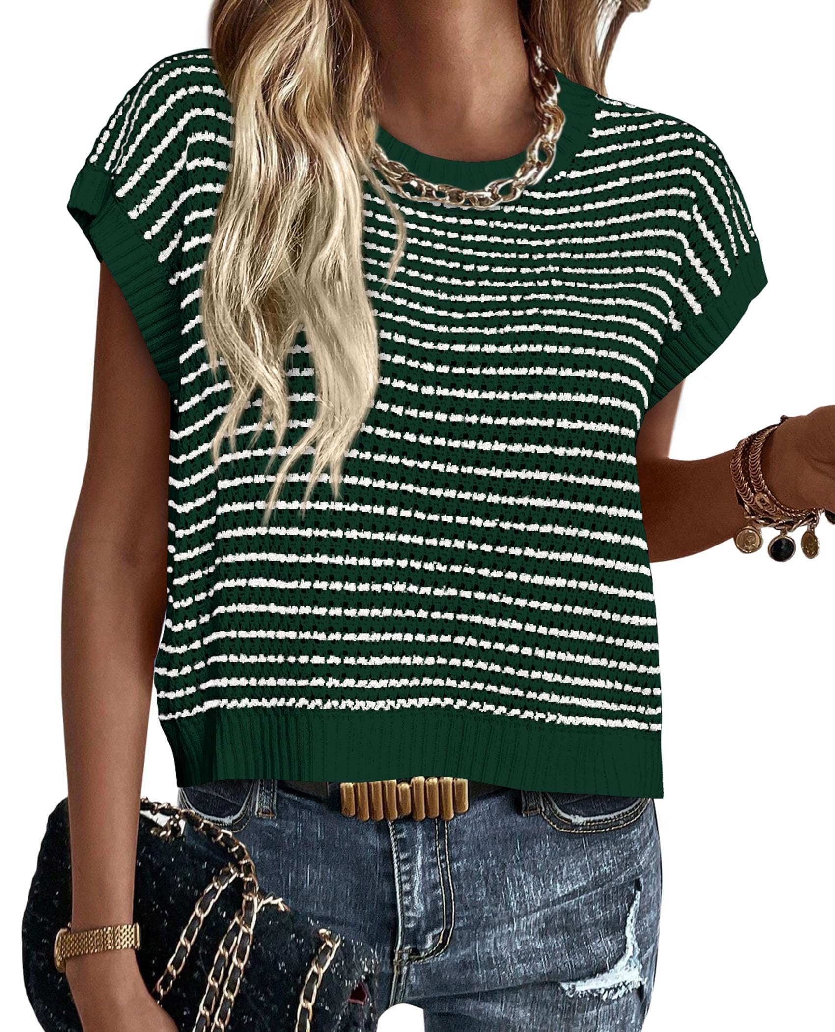 Women's Striped Short Sleeve Sweater Vest Dark Green,S