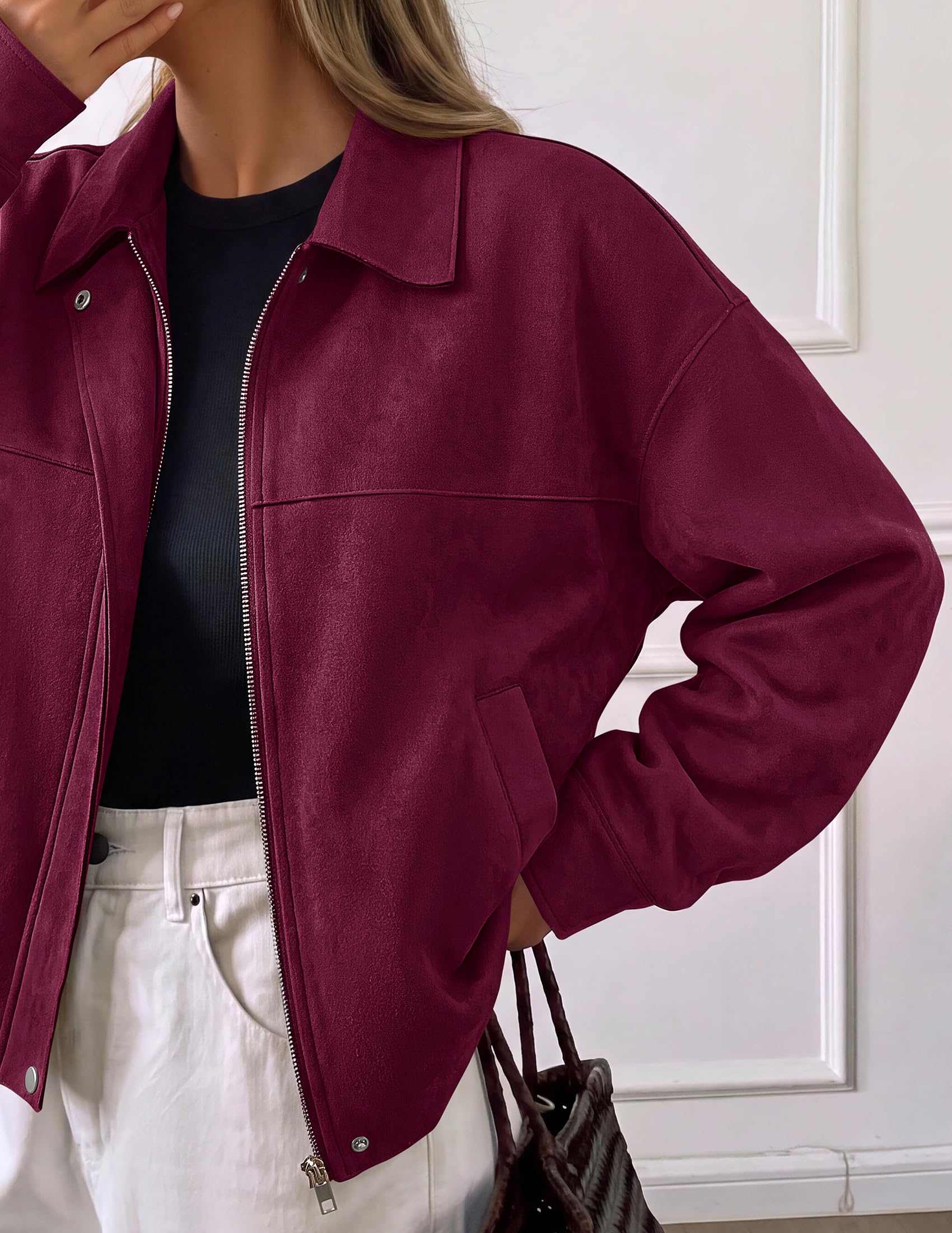 Women's Faux Suede Cropped Fall Jackets,Wine Red,S
