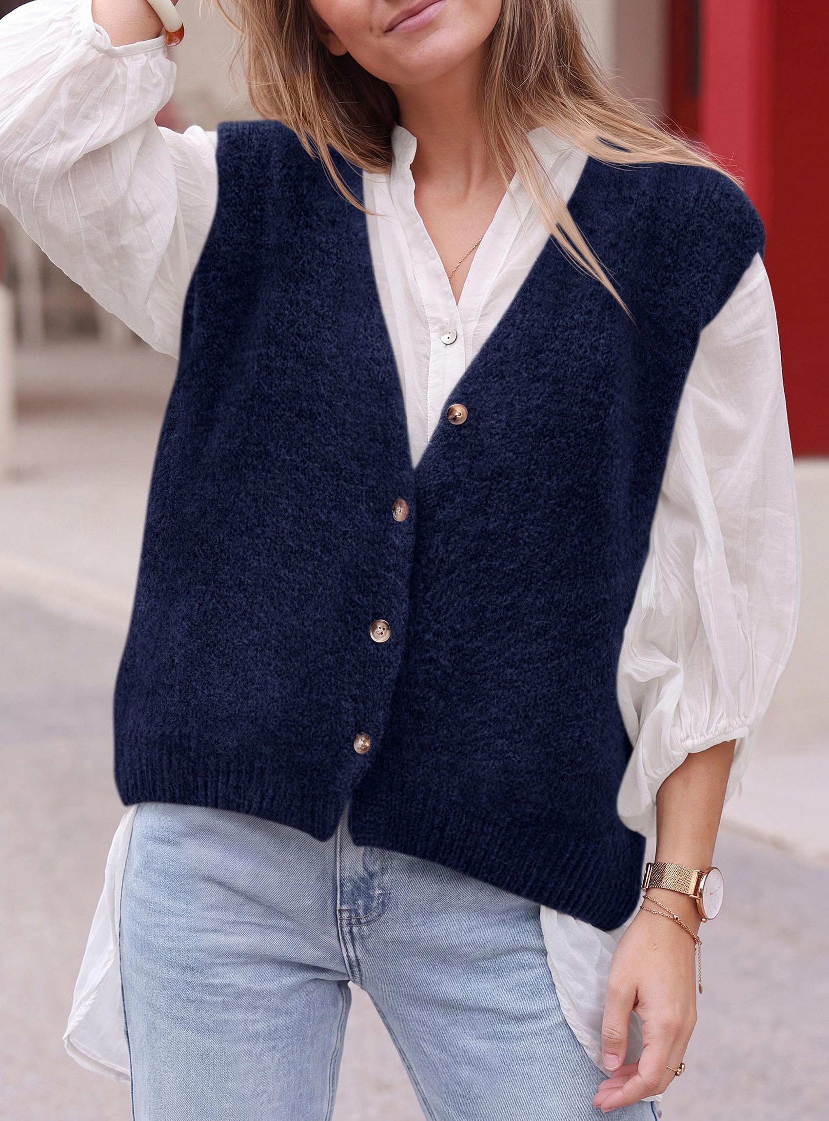 Womens Fall Sleeveless Button Down Sweater Vest,Navy,S