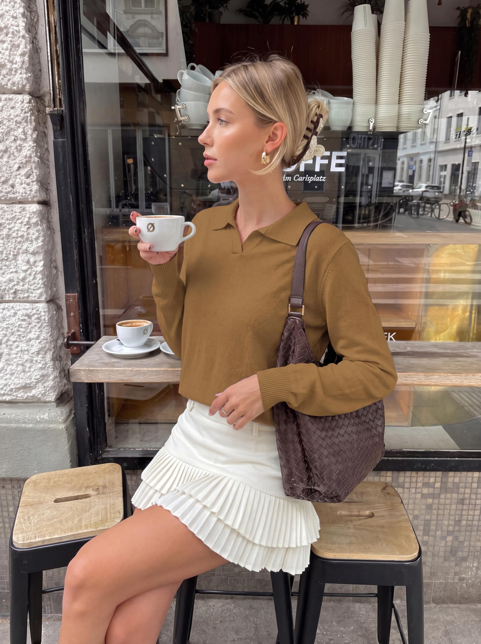 Womens Long Sleeve Collared Polo Sweater,Khaki,S