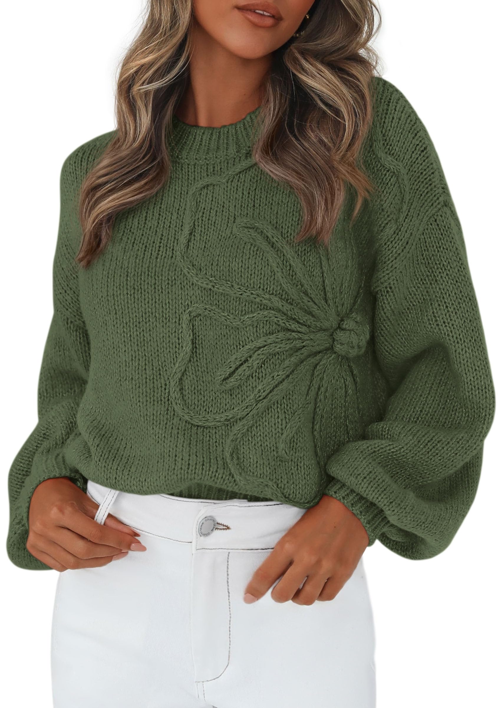 Women's Oversized 3D Floral Knit Sweater,Army Green,S