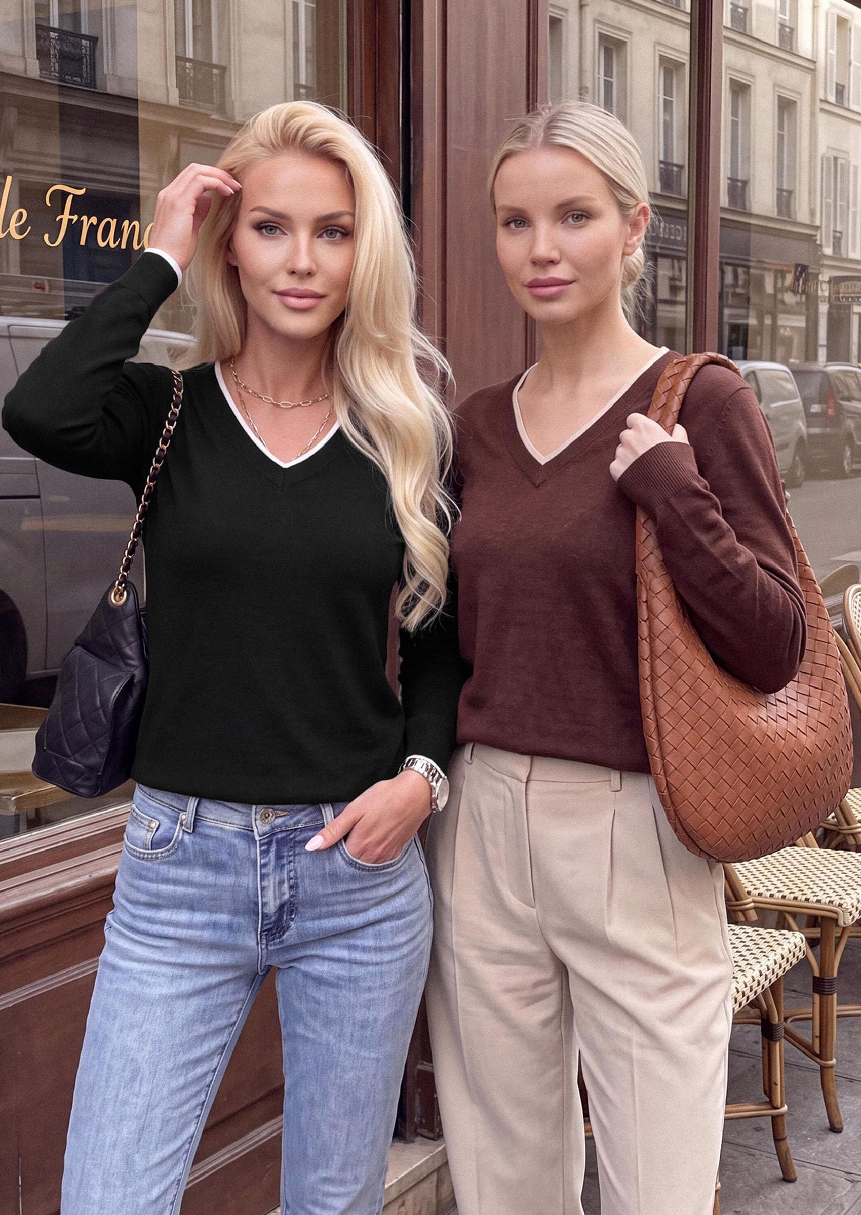 Women's V Neck Sweater Long Sleeve Knit Tops (Black,S)