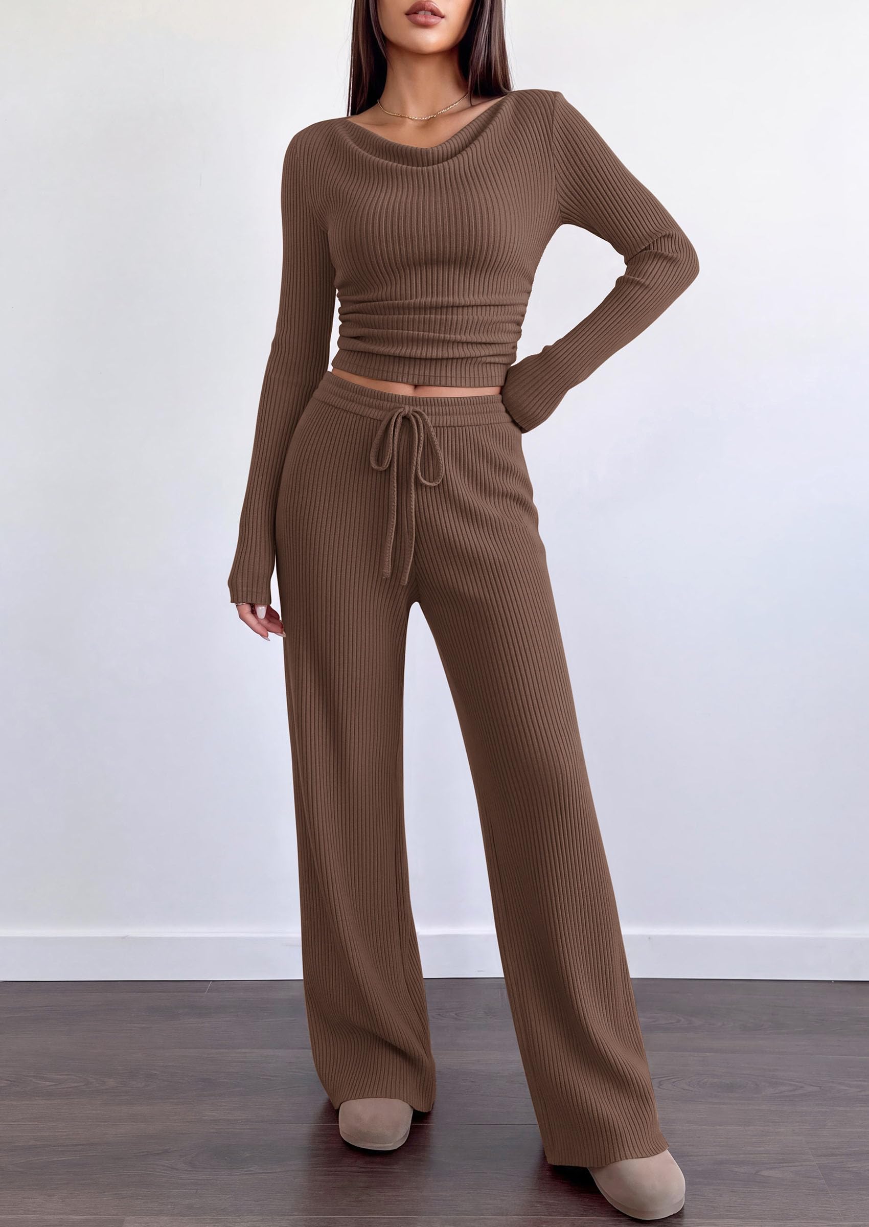 Matching Sets Women Clothing Fall Ribbed 2 Piece Lounge Set